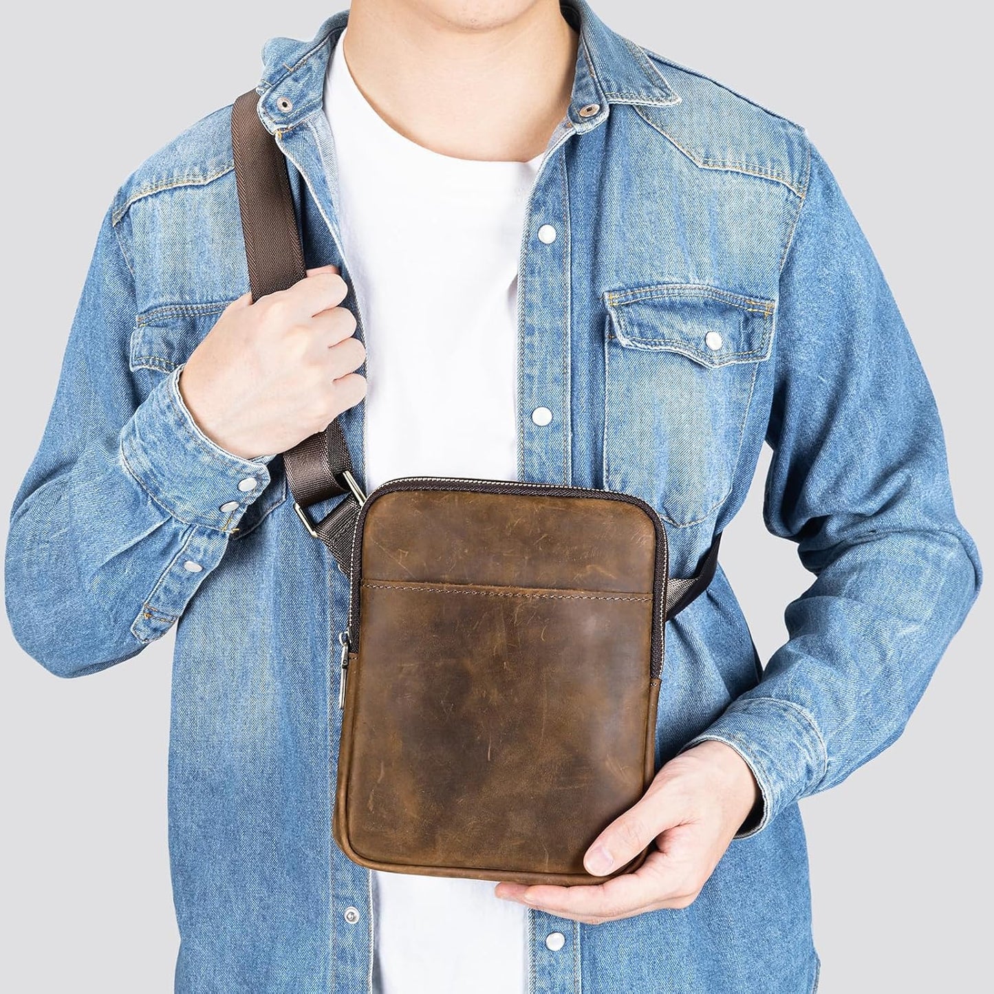 Men's Small Genuine Leather Messenger Bag Multi-Pocket Zipper Shoulder Bag Compact Mini Crossbody