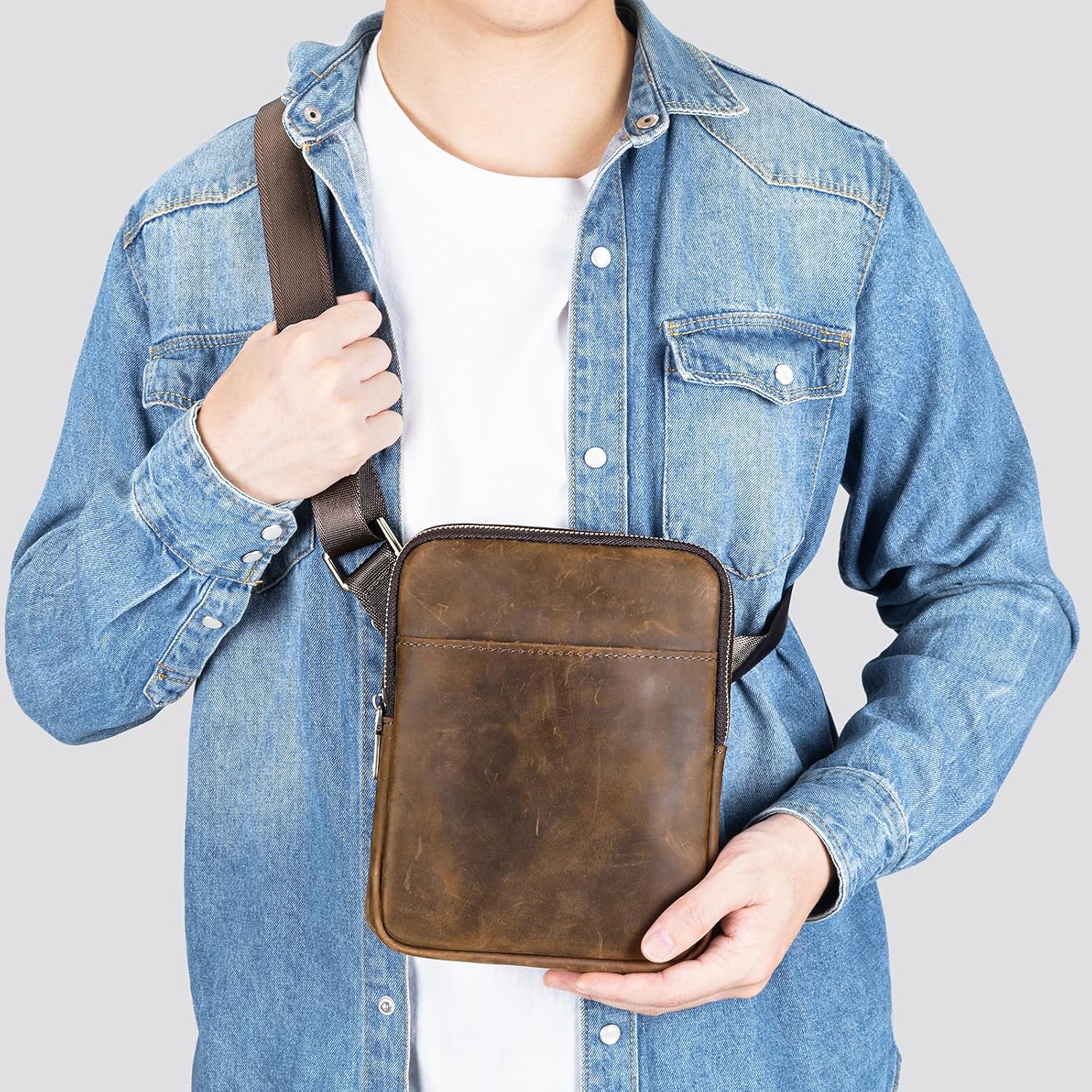 Men's Small Genuine Leather Messenger Bag Multi-Pocket Zipper Shoulder Bag Compact Mini Crossbody