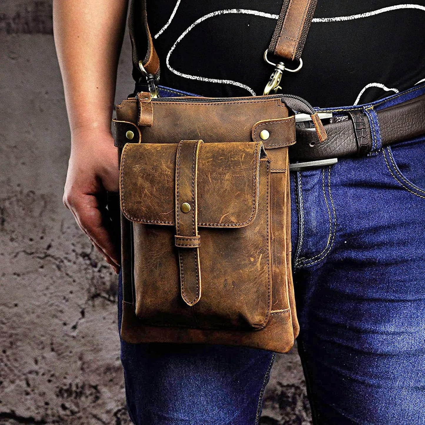 Men's Genuine Leather Small Messenger Shoulder Satchel - Adjustable Waist Bag