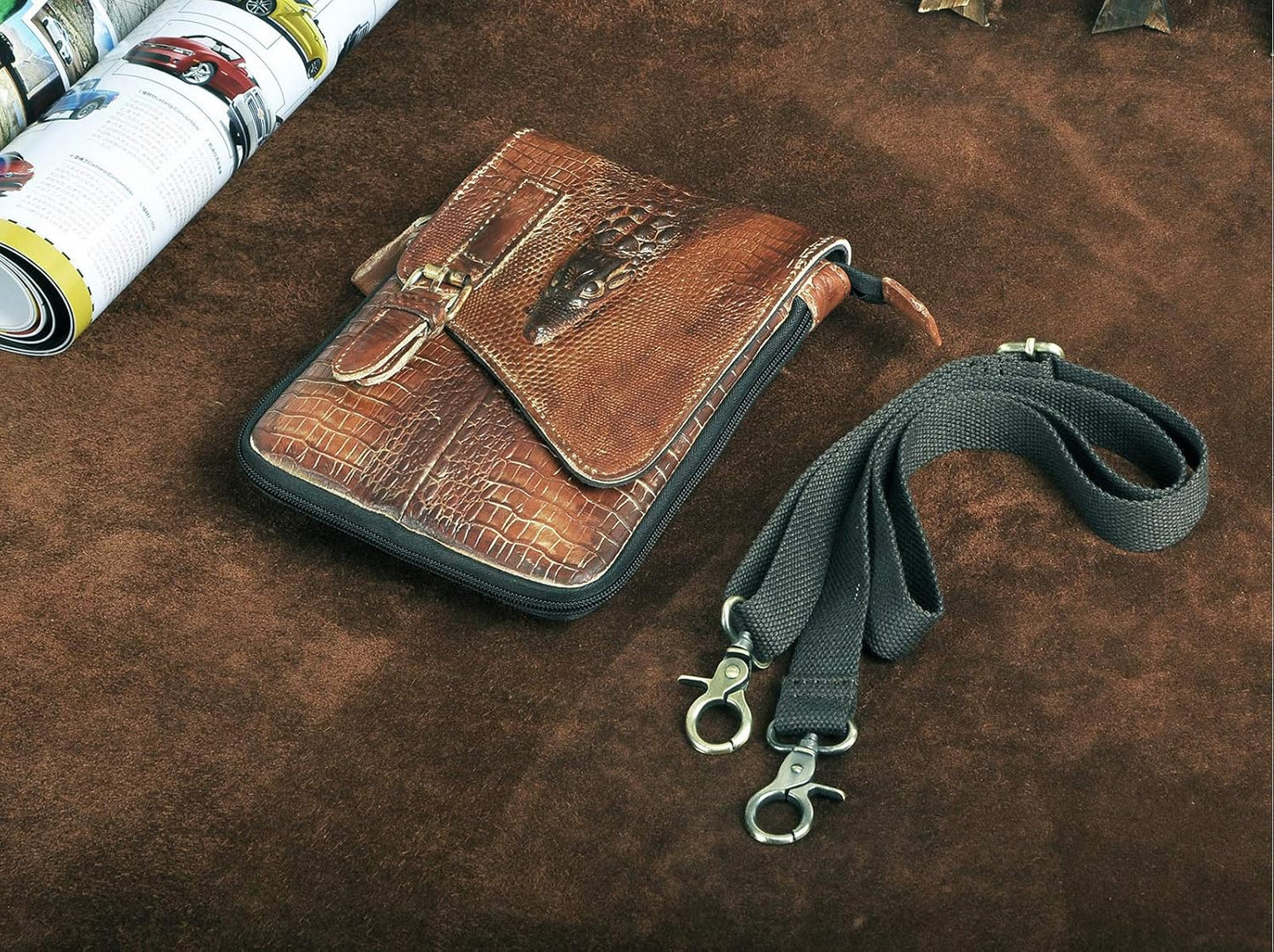 Genuine Leather Small Messenger Bag for Men, Shoulder Satchel with Phone Pouch & Waist Fanny Pack Strap