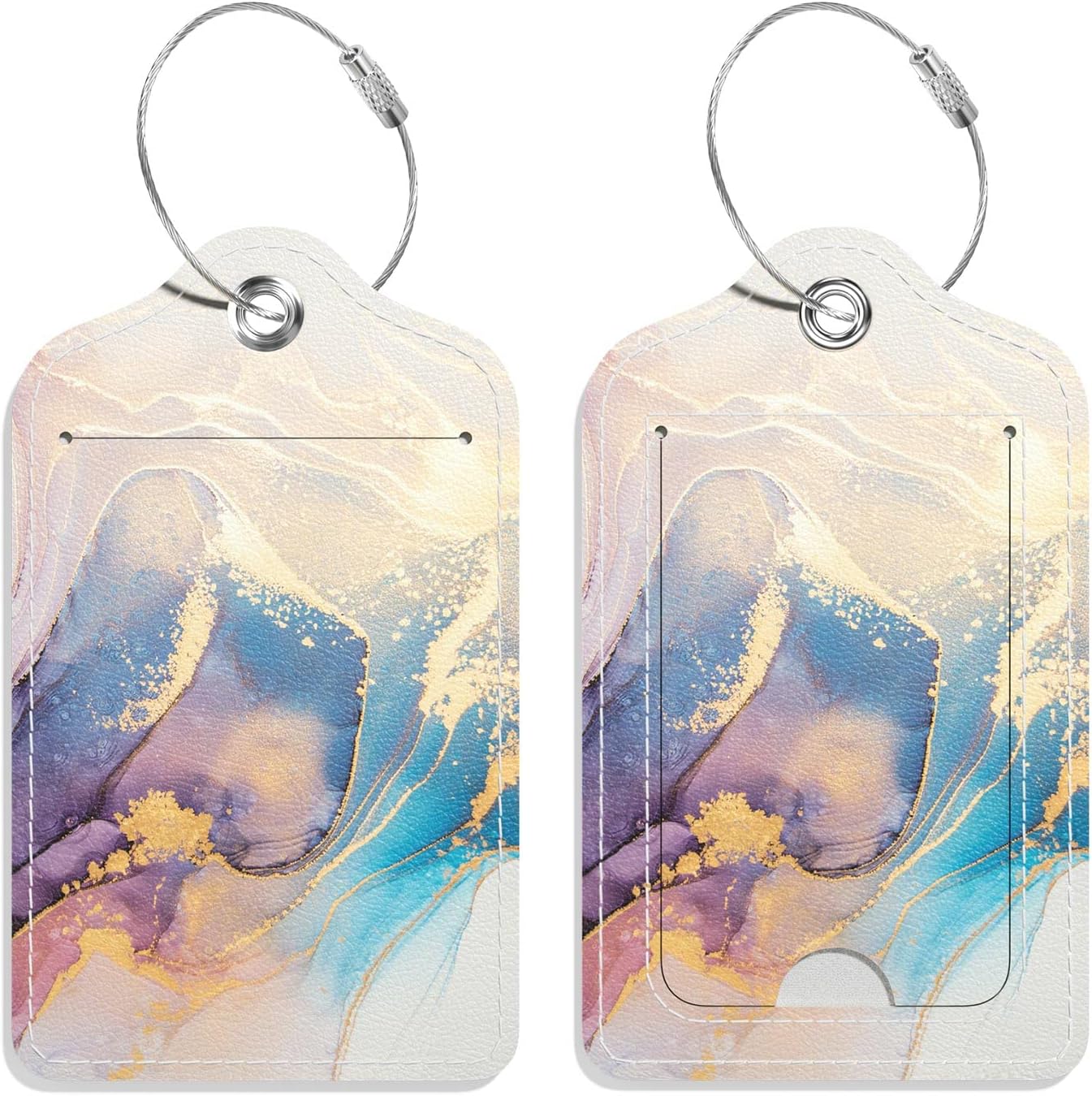 Luggage Tags for Suitcase, 2 Pack PU Leather Travel Cruise Luggage Tag with Privacy Flap, Name ID Label and Metal Loop for Women Men Suitcase Baggage Bag Backpack Instrument, Sunset Marble