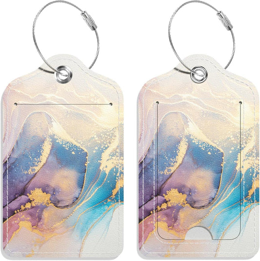 Luggage Tags for Suitcase, 2 Pack PU Leather Travel Cruise Luggage Tag with Privacy Flap, Name ID Label and Metal Loop for Women Men Suitcase Baggage Bag Backpack Instrument, Sunset Marble