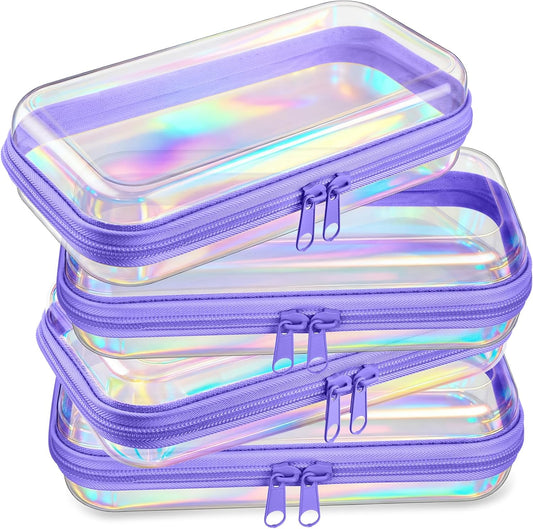 Hoolerry 4 Pcs Hard Clear Zipper Case Makeup Bags Plastic Pencil Pouch Transparent Storage Box Containers for Cosmetics, Snacks, Building Blocks, Puzzles(Purple Laser,7.5 x 3.9 x 2 in)