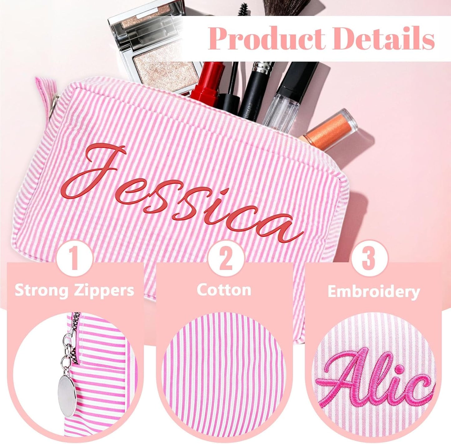 Personalized Makeup Bag with Embroidered Name,Custom Travel Toiletry Stripe Cosmetic Bag, Wedding Gift for Bridesmaid/Women/Girl