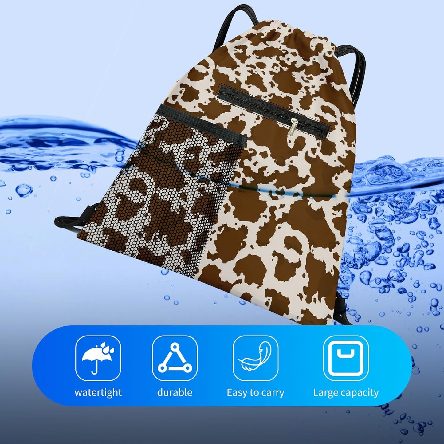 Drawstring Backpack Sports Gym Bag, Large String Swim Bag for Beach With Water Bottle Mesh Pocket, Cute Gym Sack with Zipper Pocket for Men Women Luxuious Cow Print