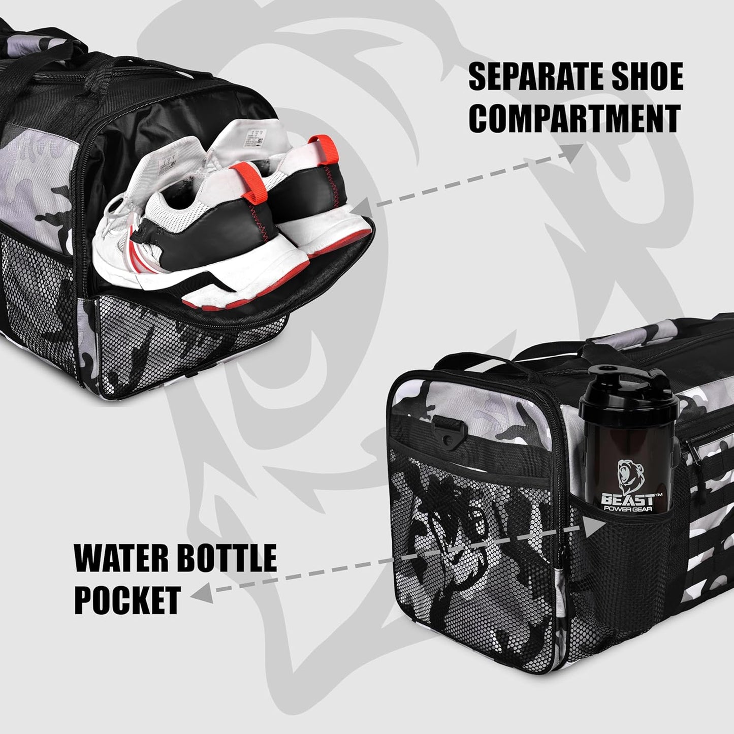 Unisex Duffel Bag Gray Camo, Extra Roomy Waterproof Gym Bag For Women with Shoe Compartment, Sports