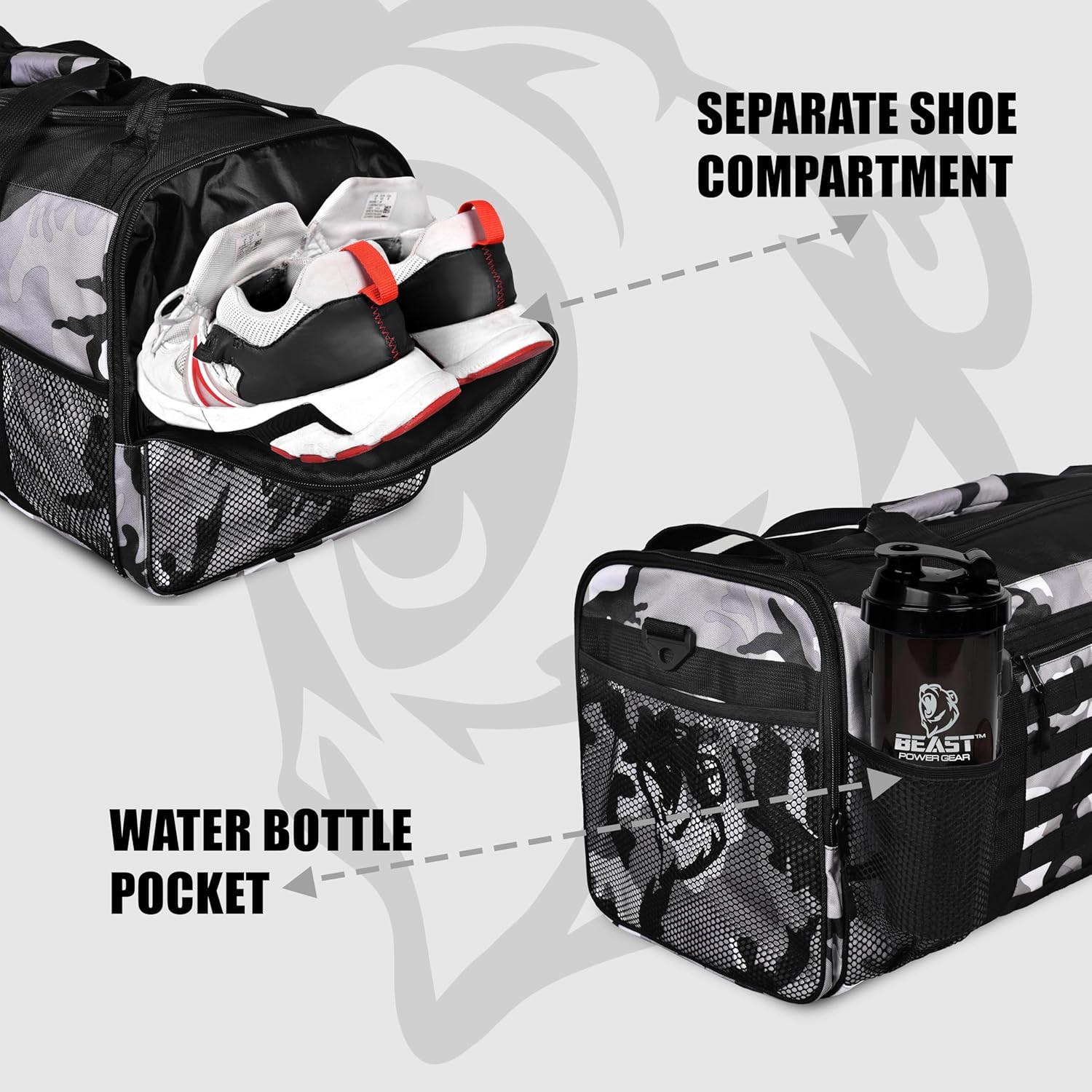 Unisex Duffel Bag Gray Camo, Extra Roomy Waterproof Gym Bag For Women with Shoe Compartment, Sports