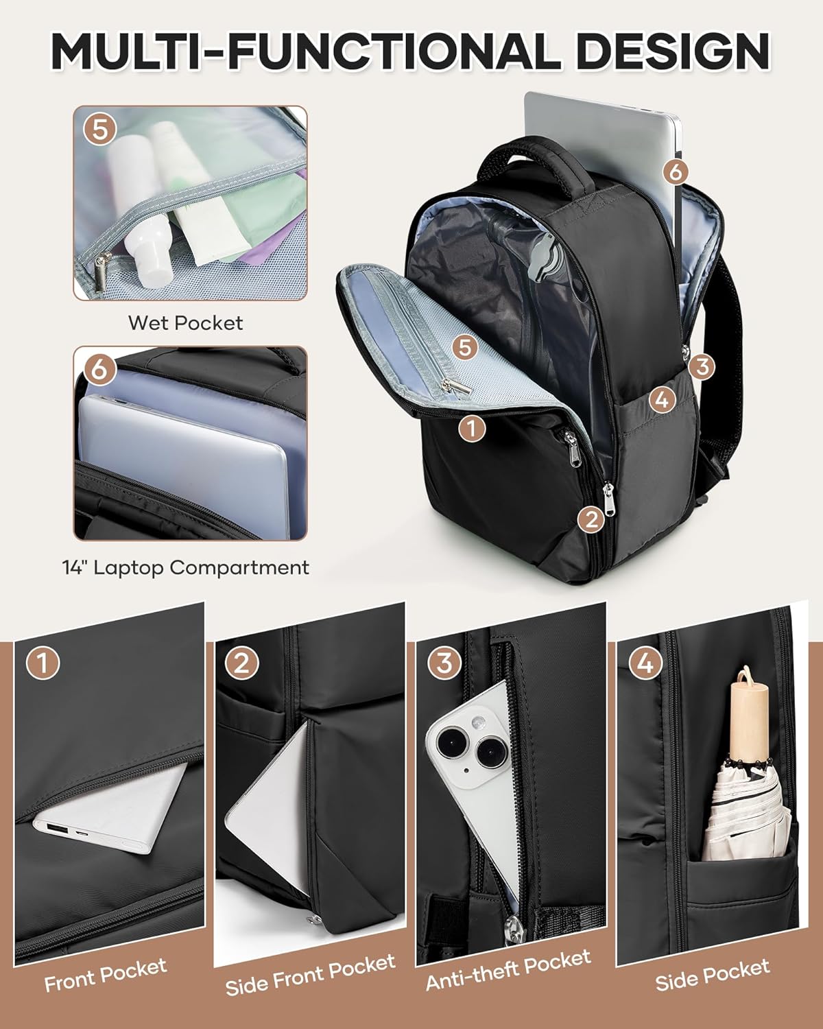 Vacuum Backpack Travel for Women Men, Travel Backpack with Vacuum System, Small Compression Backpacks Flight Approved, Travel Vacuum Bags with 14inch Laptop Compartment, Contain Pump, Black