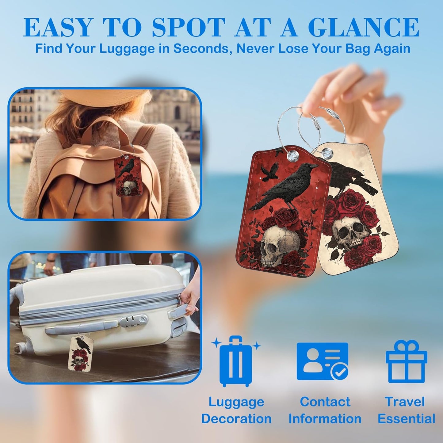 2 Pack Raven on Rose Skull Luggage Tags PU Leather Suitcase Tags with Stainless Steel Loop Privacy Cover ID Label for Women Men Travel Bag Accessories