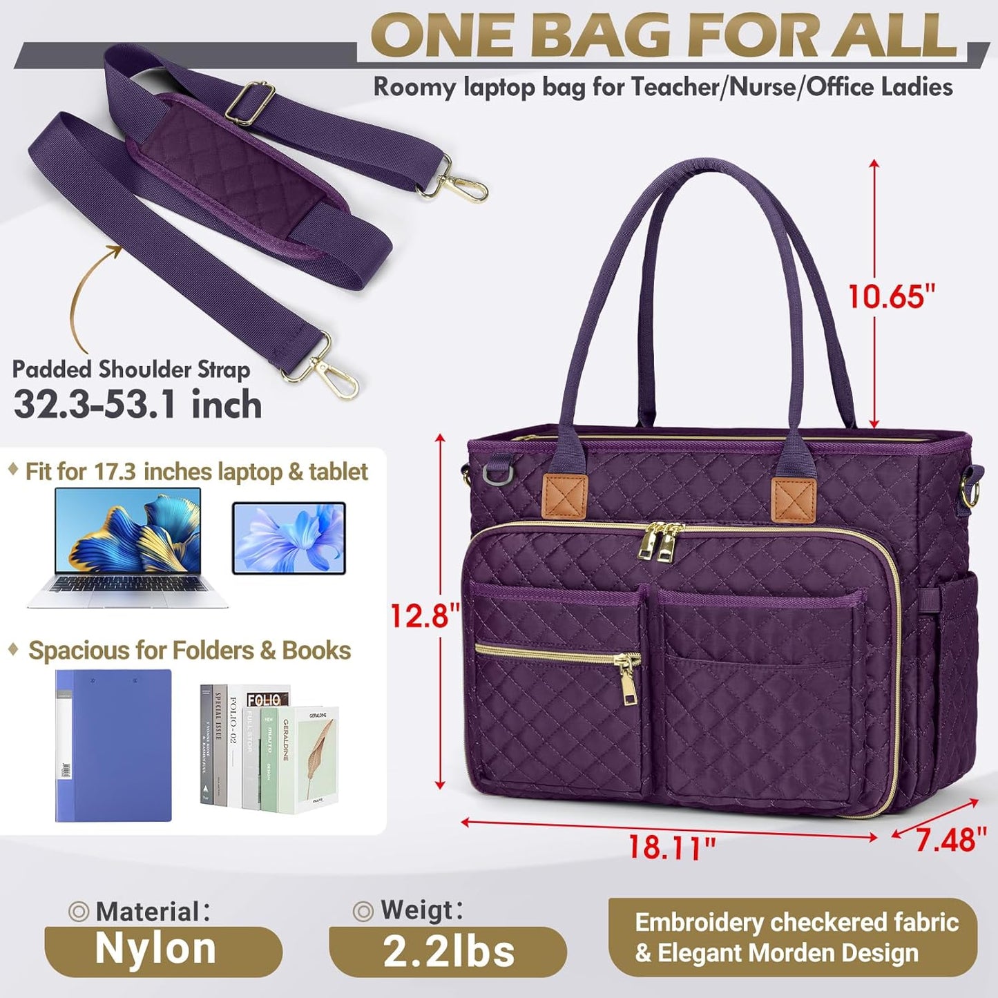 RAINSMORE Teacher Tote Bag 17.3 inch Laptop Bag for Women Work Bags Laptop Tote Nurse Bag Professional Computer Messenger with Insulated Pocket, Laptop Briefcase for Office, College, Dark Purple