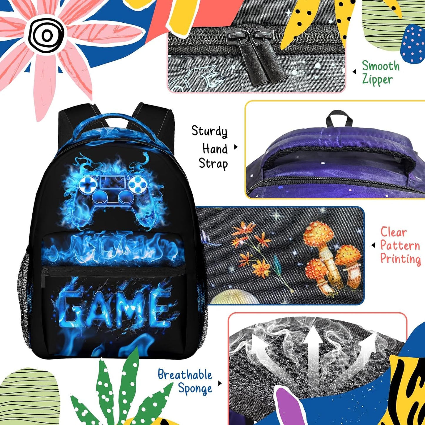 Gaming Kids Backpack for Boys Girls Gamepad Elementary Schoolbag Kindergarten Gamer Bookbags Preschool Toddler Book Bags Travel Bag Hiking Camping Rucksack Daypack for Students Back to School Gifts