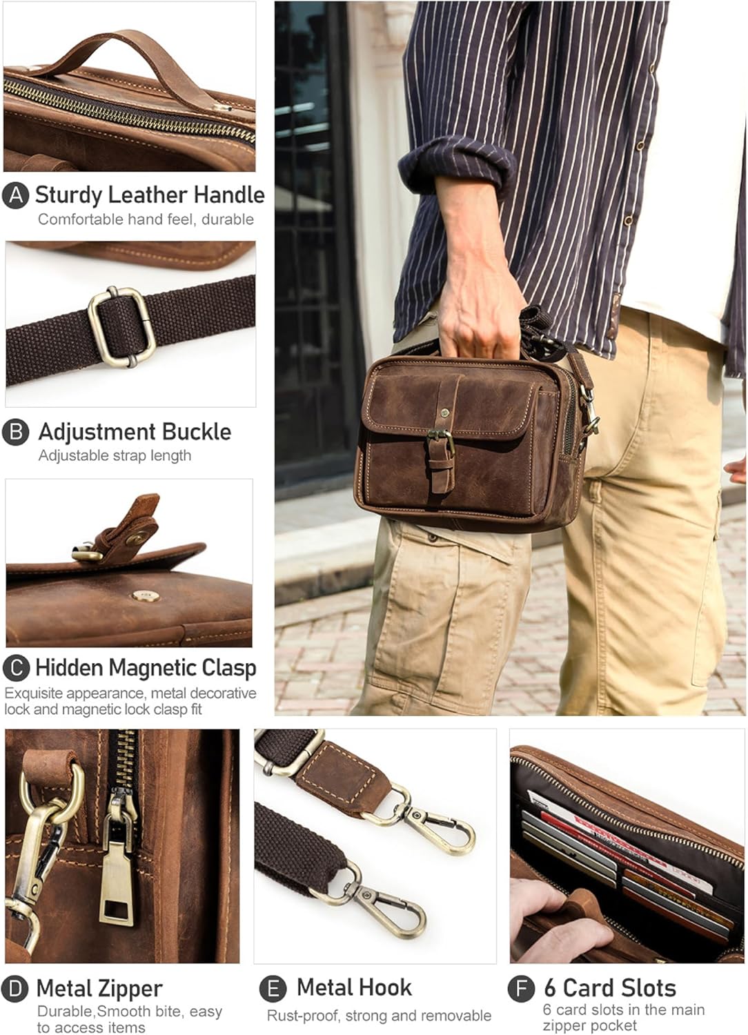 Top Grain Leather 8.3" Messenger Bag for Man & Woman, Multi Pockets, Fits to 7.9"/8.3" iPad for