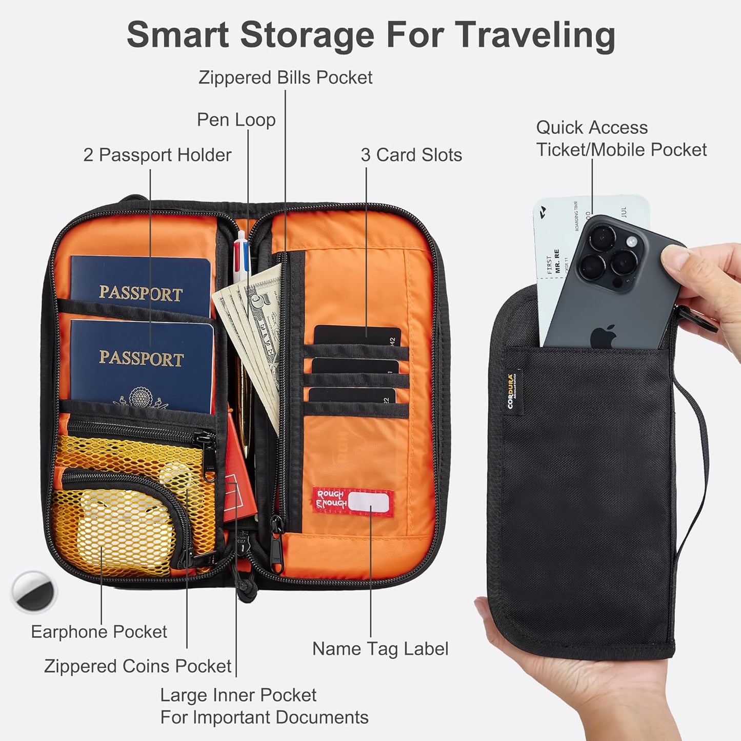 Rough Enough Passport Wallets RFID Passport Holder Wallet Sleeve for Travel Family with Crossbody Shoulder Strap Neck Portable Waterproof Black Cordura