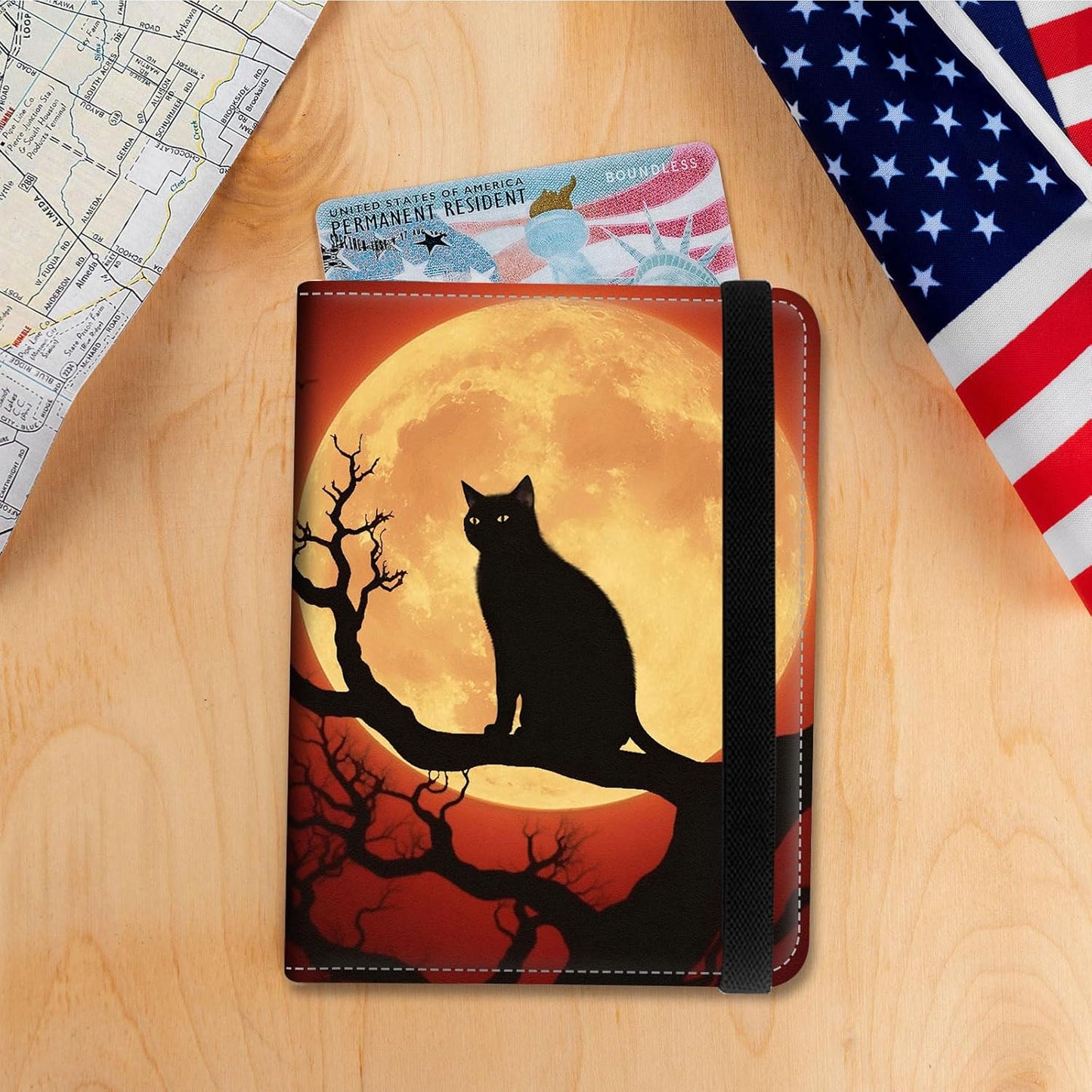 Passport Holder Cover Wallet Travel Essentials RFID Blocking Case Leather Passport Cover Wallet Vaccine Card Slot Organizer for Men Women, Cat moonlight