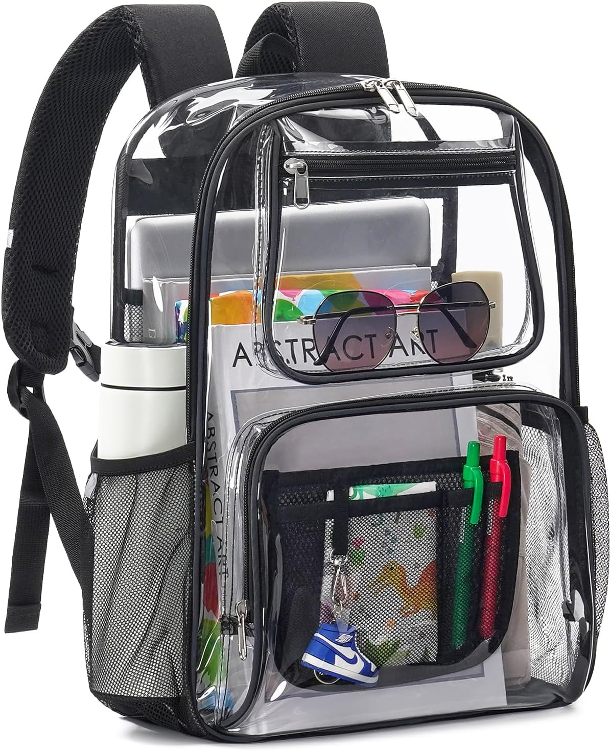 Heavy Duty Clear Backpack For Kids Women Men Boys Girls, 17 Inch Large See Through Backpack, 360° 3M Reflective Strips Clear Bookbag, Transparent Bag For School College Sport Work Travel, Black