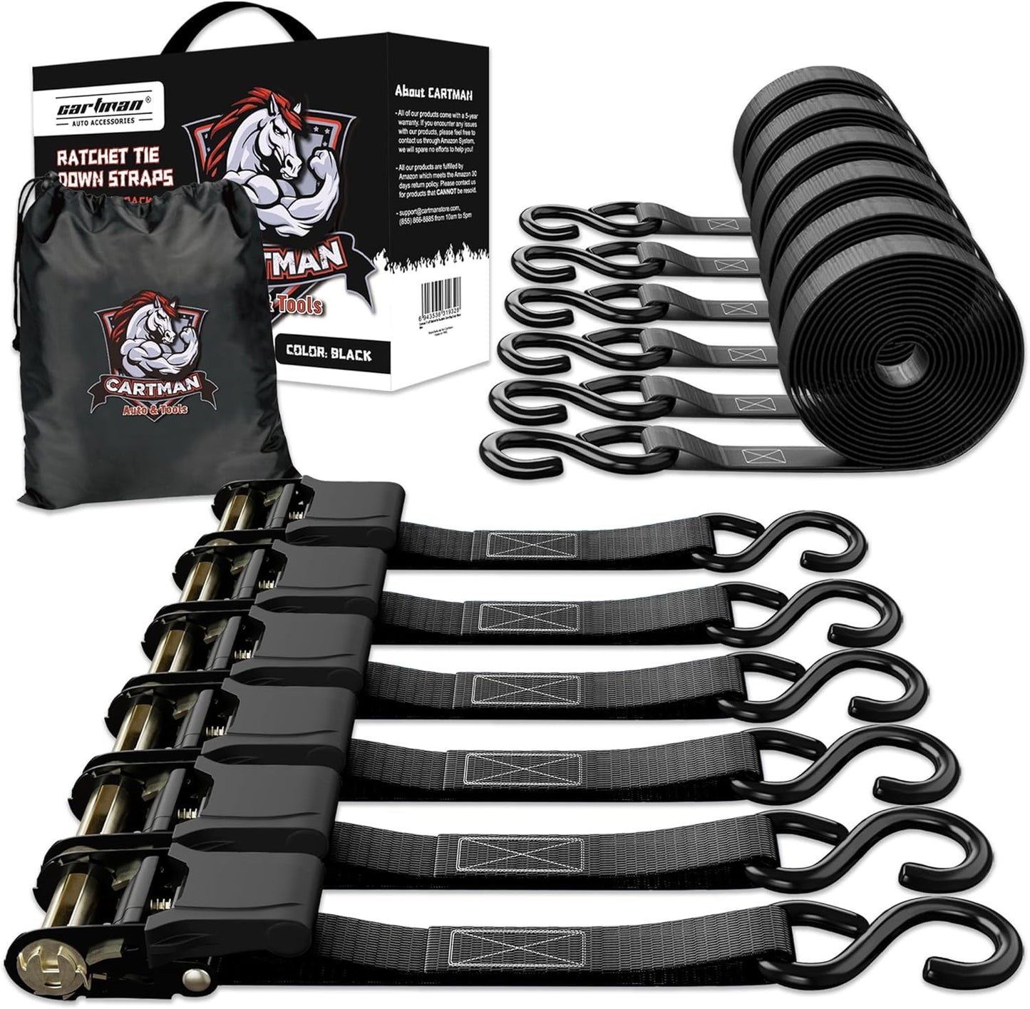Cartman 1" x 15' Ratchet Tie Down up to 1500lbs 6pk in Carry Bag, Cargo Straps