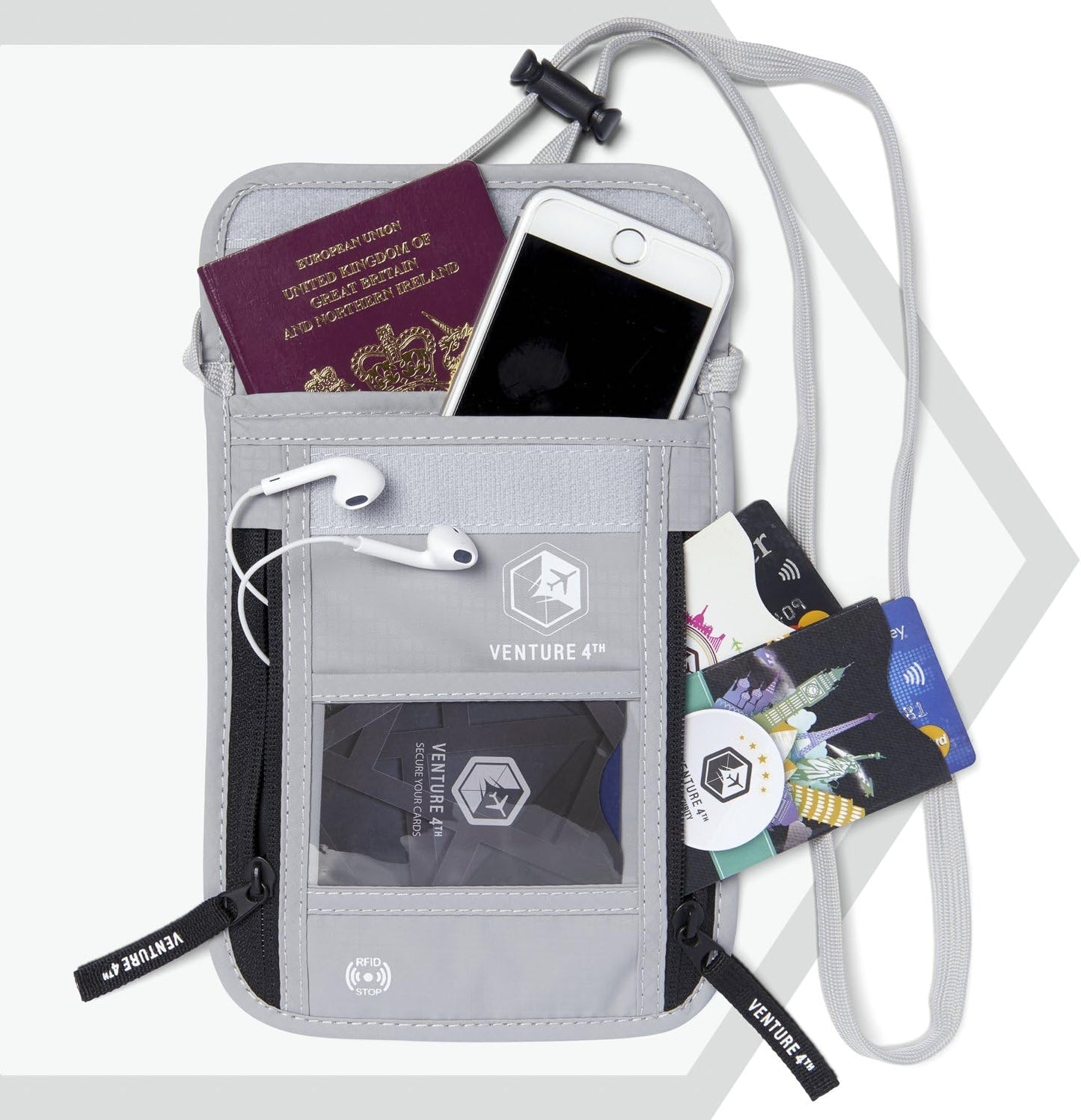 VENTURE 4TH Neck Wallet, RFID Blocking Passport Holder for Travel – Hidden Neck Pouch with 6 Compartments, Slim Lightweight Organizer with Adjustable Strap for Cash, Cards & Passport (Silver)