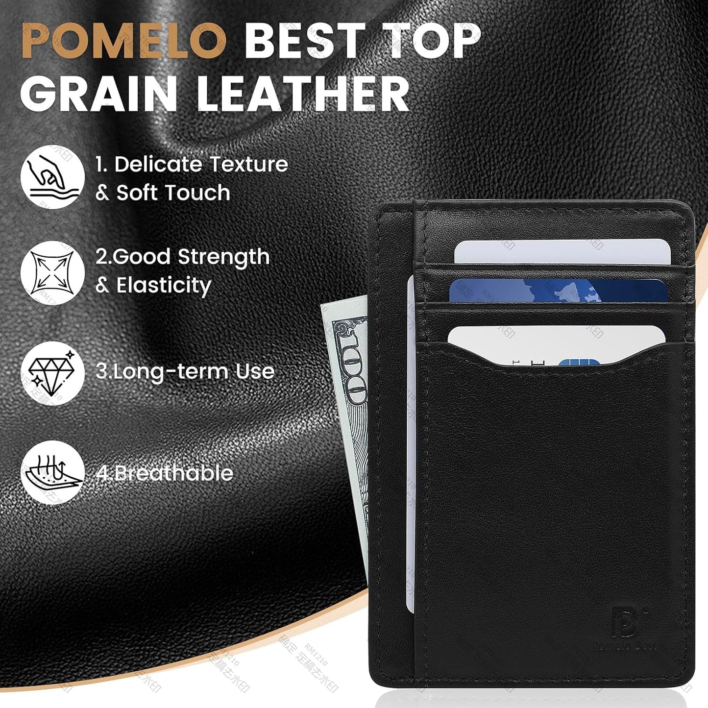 Pomelo Best Top Grain Genuine Leather Wallet for Men and Women, Slim Minimalist Front Pocket RFID Blocking Card Holder for Travel, Gifts, Black