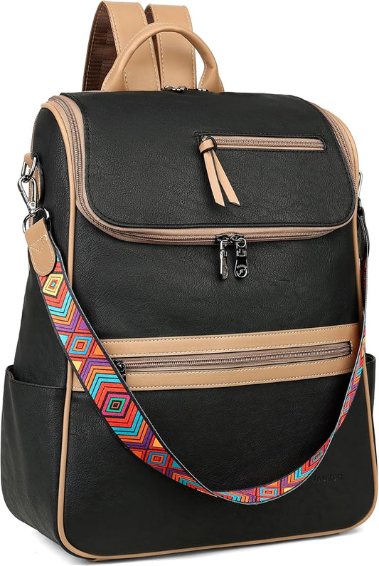 FADEON Laptop Backpack for Women Leather Travel Backpack with Laptop Compartment, Designer PU Shoulder Laptop Bag Black Brown