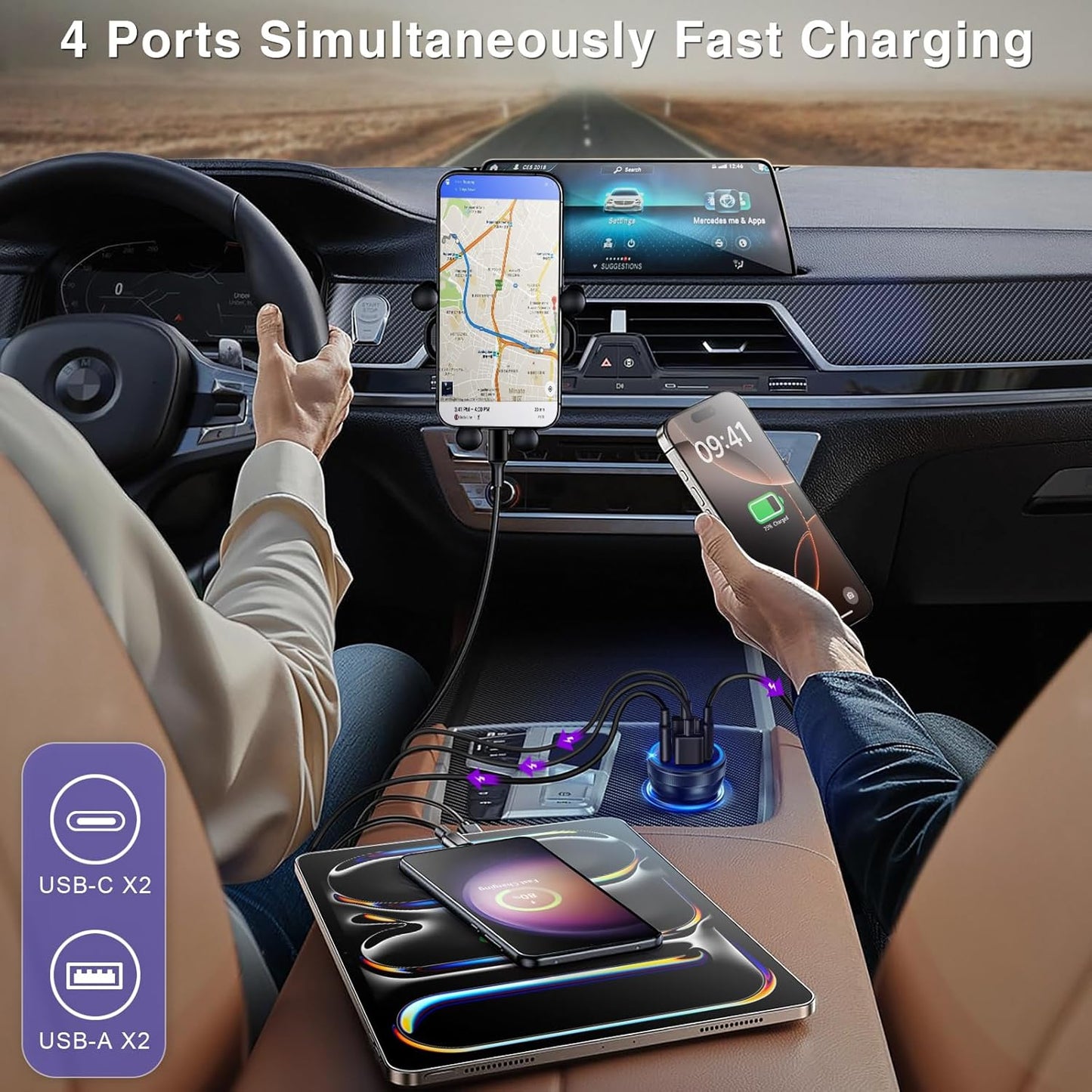 Car Charger, 4-Port 65W Dual USB C & USB-A Cigarette Lighter USB Charger, 2 Pack Multiport Type C Car Charger Adapter Phone Plug Cargador Carro Fast Charging for iPhone 17 16 15, iPad, Galaxy, Tablet