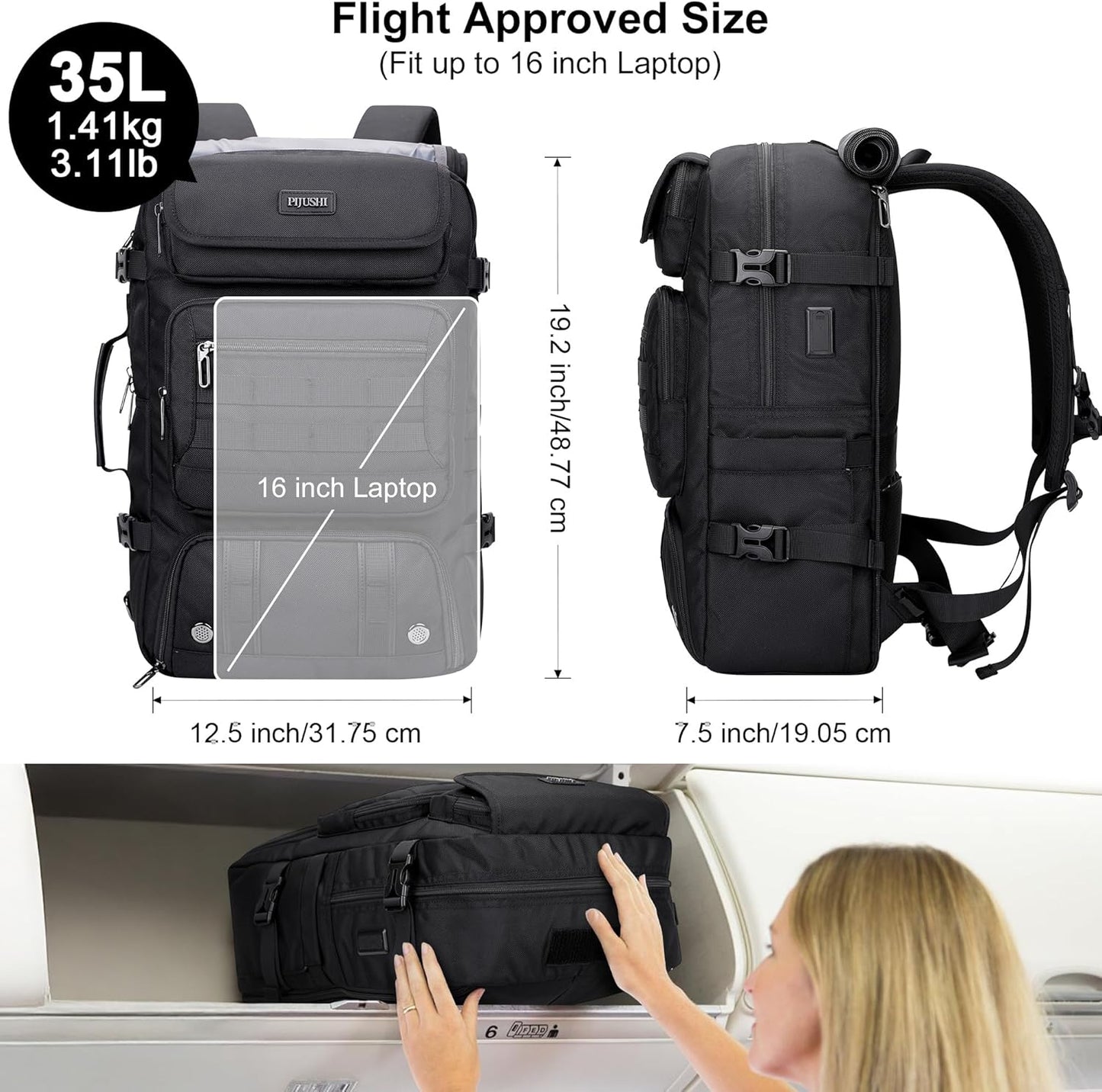 PIJUSHI Travel Backpack for Women Men Carry on Duffle Bag Backpack For Airplanes Luggage Rucksack with Shoe Compartment(PE048 Black)