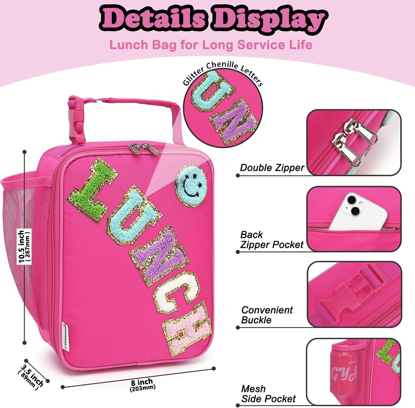 FlowFly Lunch box Insulated Soft Bag Mini Cooler Back to School Thermal Meal Tote Kit With Buckle and Mesh Side Pocket for Girls, Boys, RoseRedWithLetter