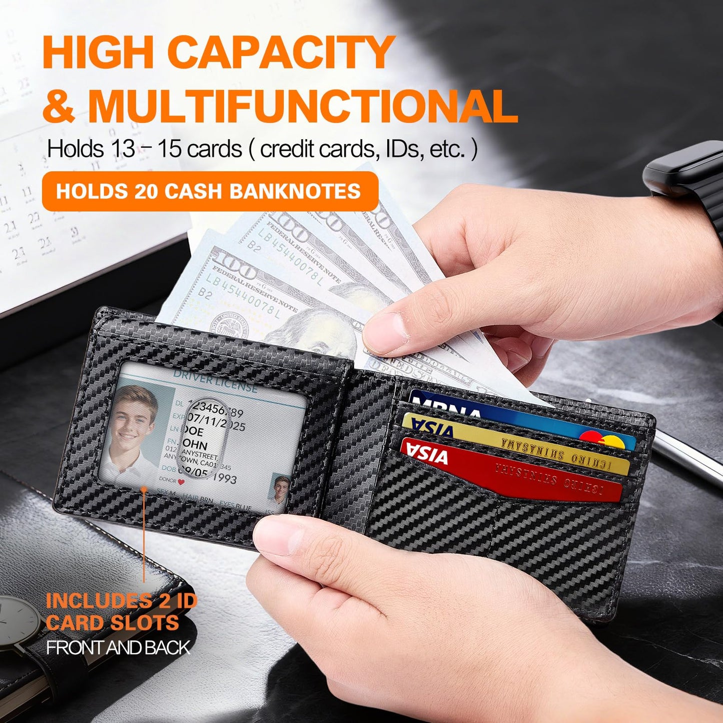 Wallet for Men Slim RFID Blocking Bifold Carbon Fiber,Minimalist Small Compact Front Pocket Credit