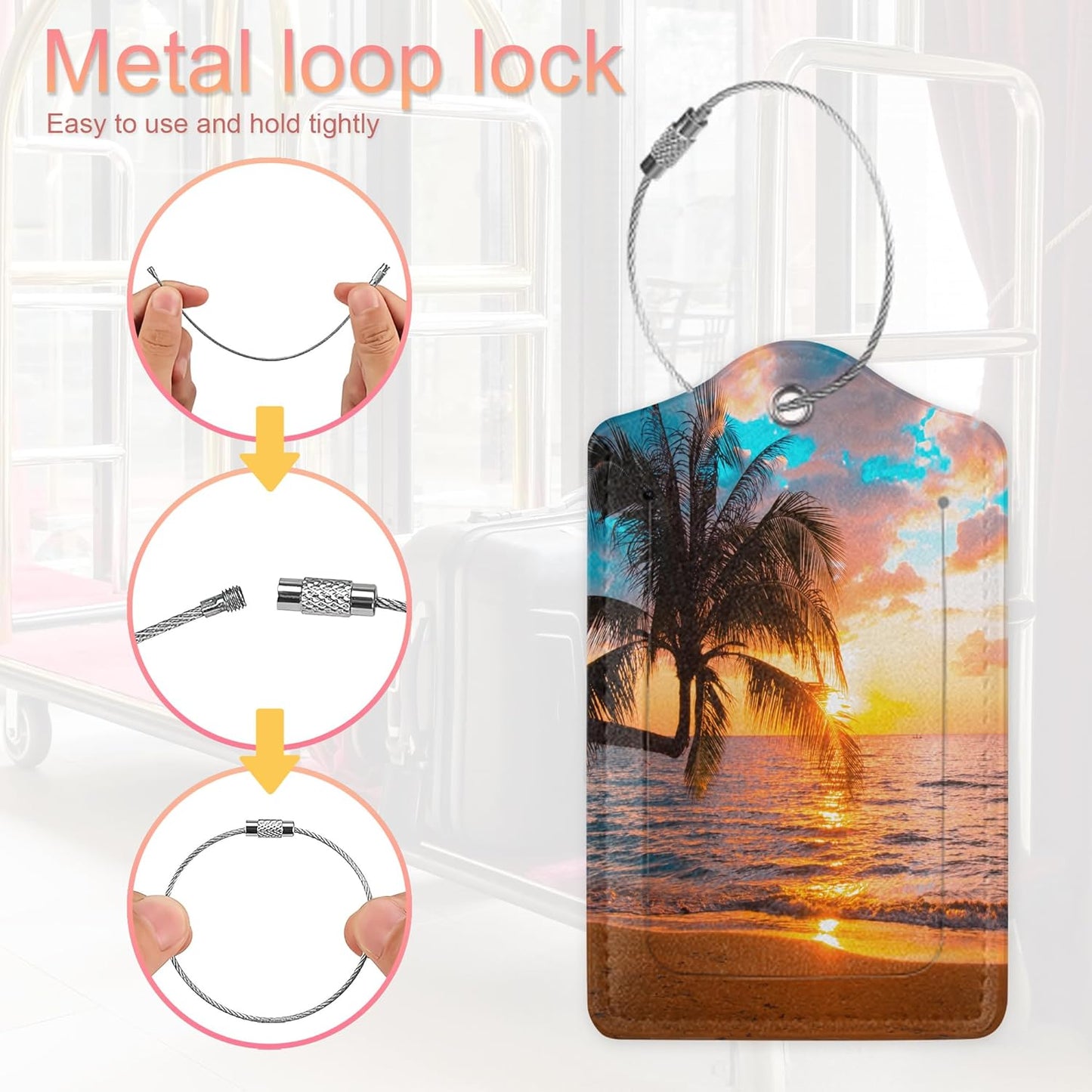 Tropical Palm Luggage Tags Set of 2 Leather Luggage Tags Privacy Cover Suitcase Label with Stainless Steel Loop for Women/Men Travel,Sunset Trees Sea Beach
