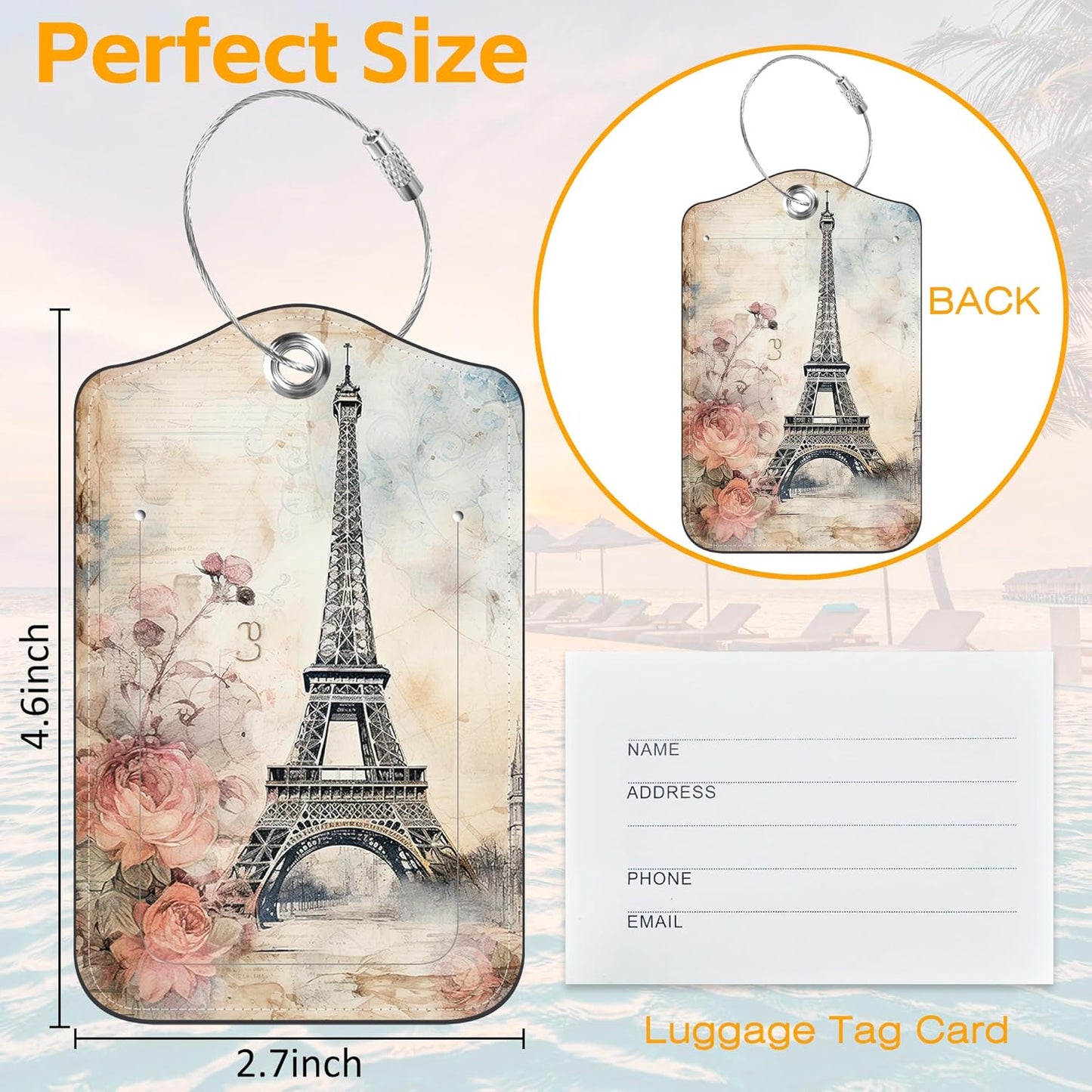 3 Pack Luggage Tag for Suitcase Paris Eiffel Tower Leather Travel Cruise Luggage Tag with Stainless Steel Loop Name ID Label Privacy Cover for Adults Teens Travel Bag Labels Set
