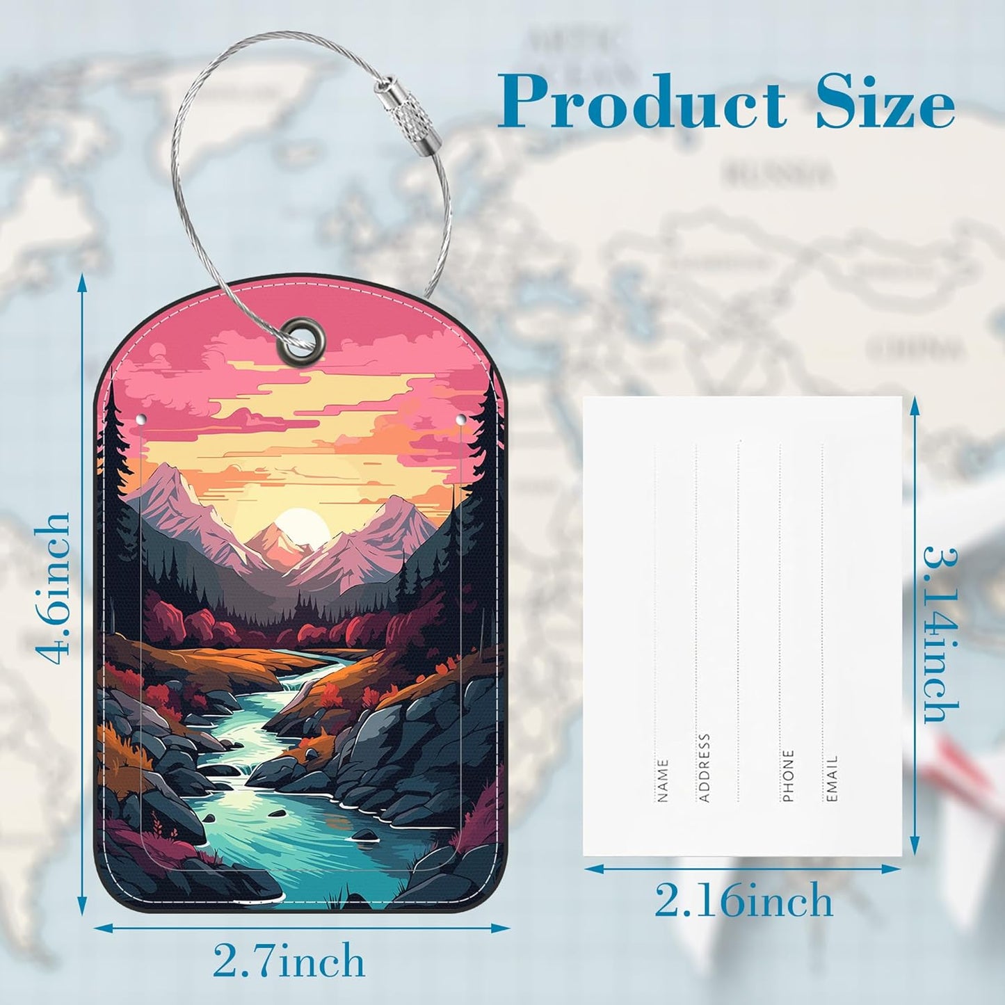 Sunset Mountains and River Landscape Leather Luggage Tag for Suitcase 2 Pack Luggage Tag with Privacy Name ID Label and Stainless Steel Loop for Travel Bag Suitcase