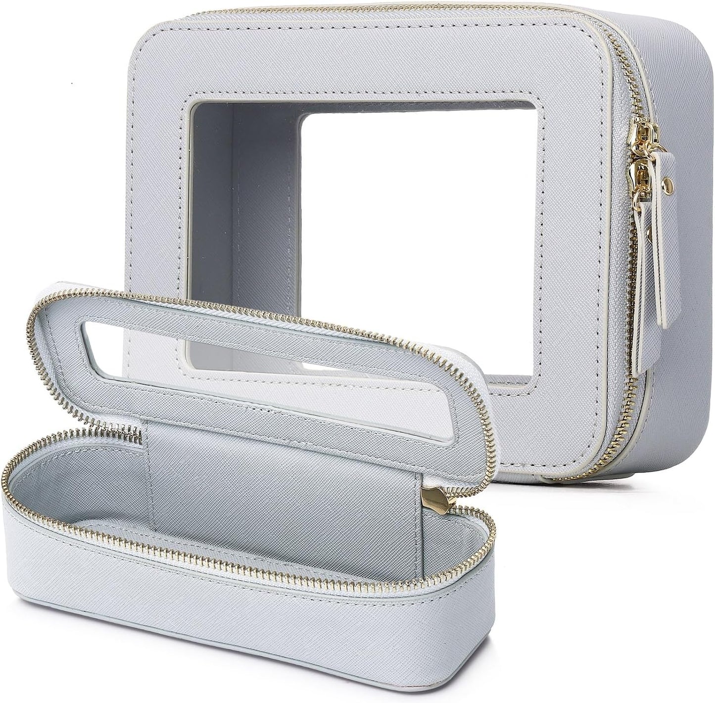 Clear Travel Makeup Bag with Brush Case Portable Transparent Cosmetic Bag and Toiletry Bag Waterproof Makeup Organizer with Zipper Car Essential for Women (Gray, M+Slim)