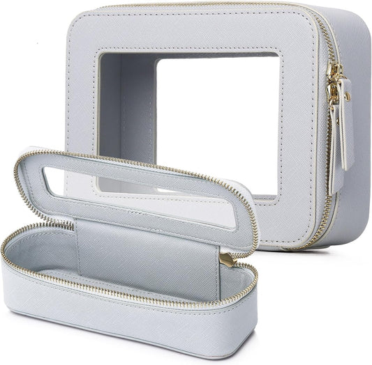 Clear Travel Makeup Bag with Brush Case Portable Transparent Cosmetic Bag and Toiletry Bag Waterproof Makeup Organizer with Zipper Car Essential for Women (Gray, M+Slim)