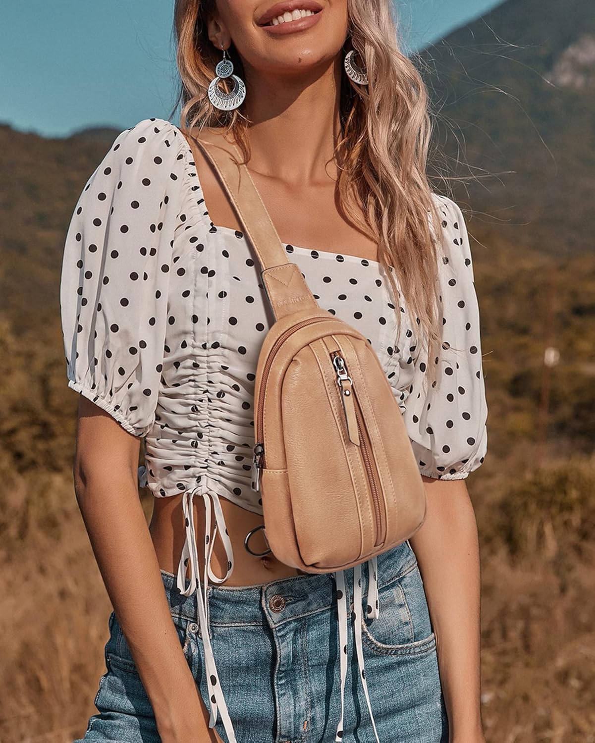 MASINTOR Small Sling Bag for Women and Men - Vegan Leather Crossbody Fanny Pack with Multiple Compartments for Everyday Use Camel Brown