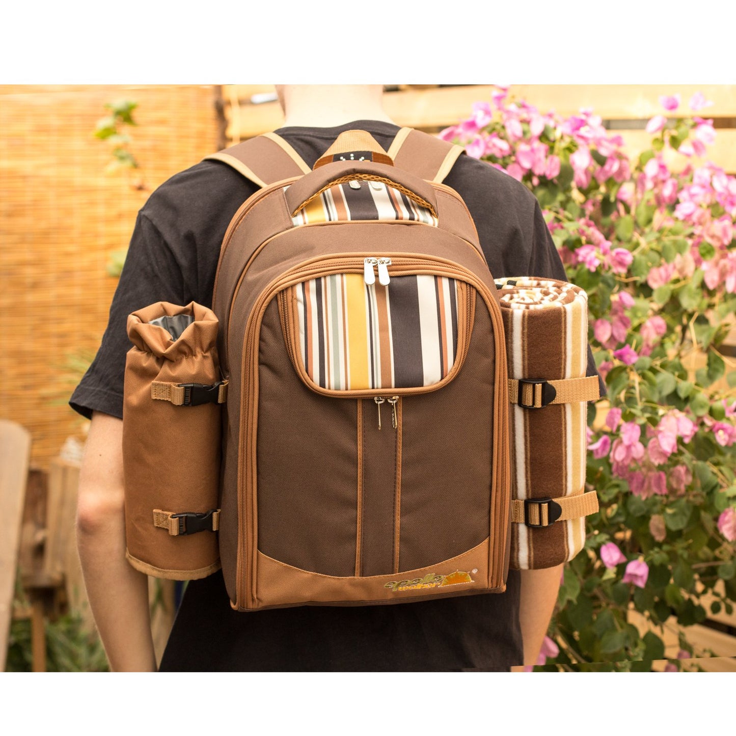 Picnic Backpack, 4-Person with Blanket & Wine, Family & Lovers Gift, Brown