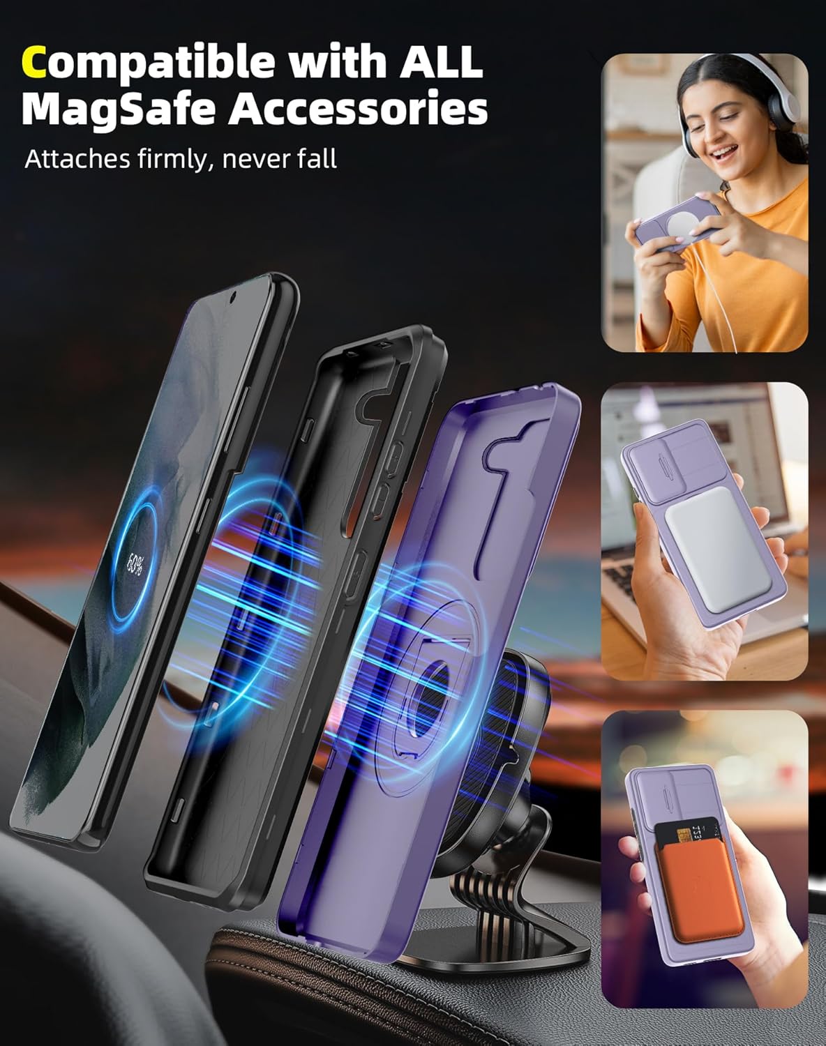 for Samsung Galaxy S21Plus Case Magnetic Compatible with MagSafe Wireless Charging,with Screen Protector,for S21+Plus Case with Stand Ring+Camera Cover Shockproof Heavy Duty Protection Purple