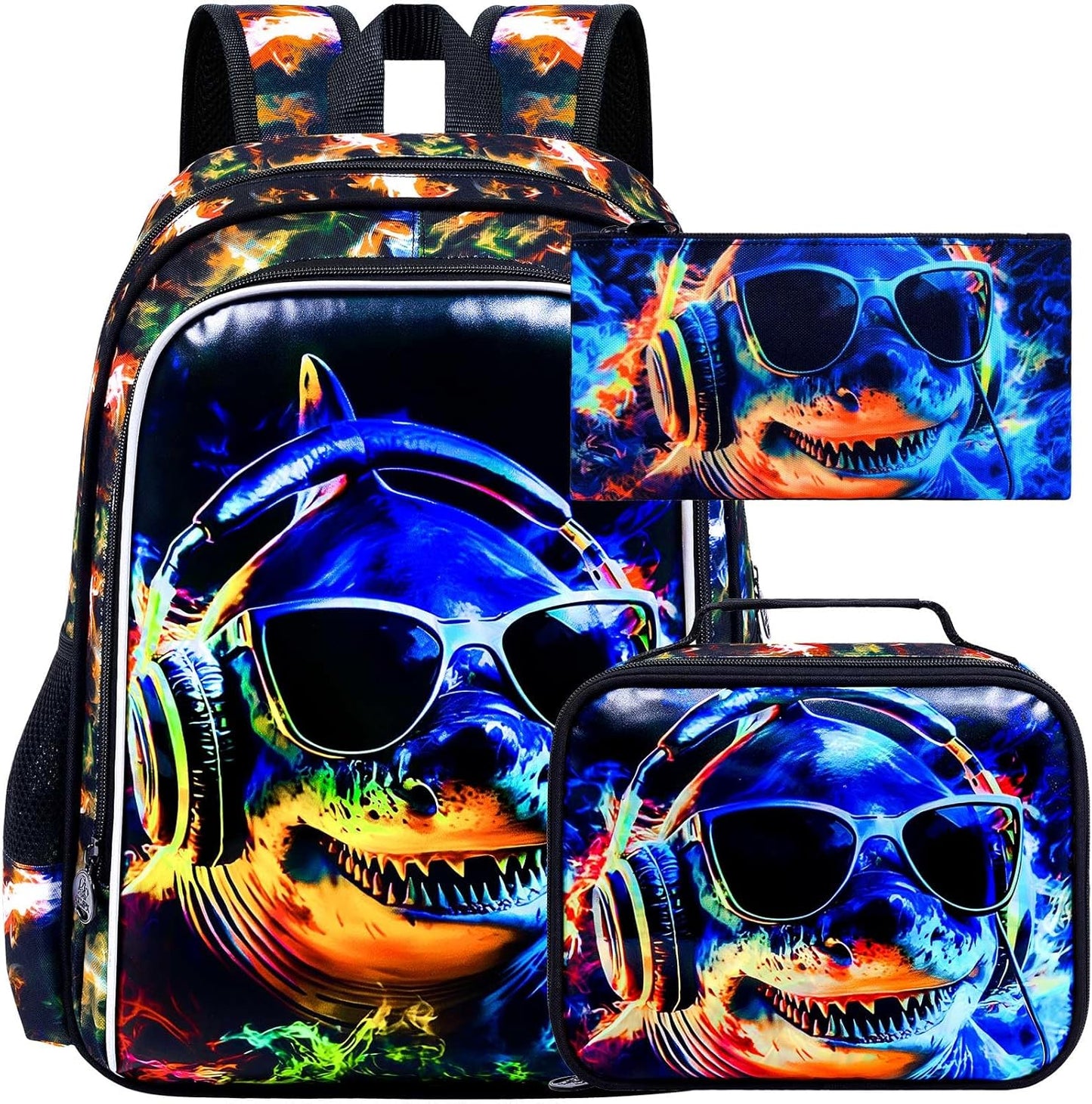 3PCS Boys Shark Backpack, Water Resistant Kids Bookbag with Lunch Box, 17" School Bag Set for Teenagers Middle Elementary - Sunglasses Shark