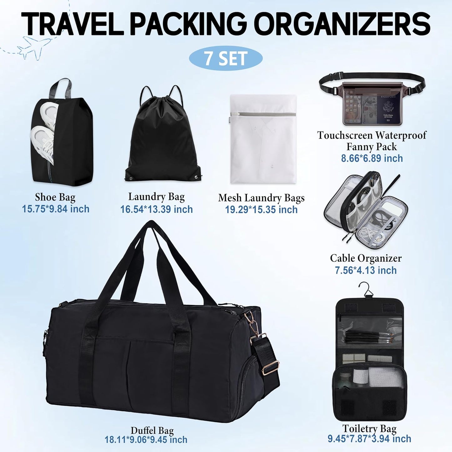 7 Set Packing Organizers for Travel Essentials, Suitcase Organizer Bags Set for Luggage with Travel Accessories Duffel Toiletry Shoe Laundry Bag Cable Organizer Airplane Cruise Road Trip Essentials