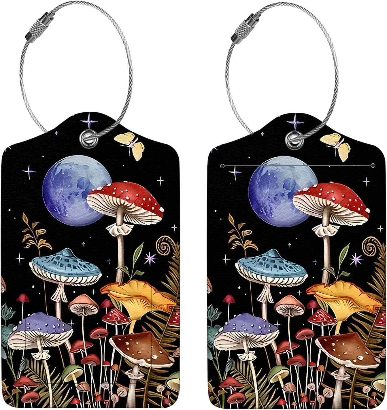 2 Pcs Luggage Tags for Suitcase, Cute Unique PU Leather Travel Bag Tag with Privacy Cover ID Label Address Card and Durable Metal Ring Suitable for Men Women Children Backpack,Mushrooms