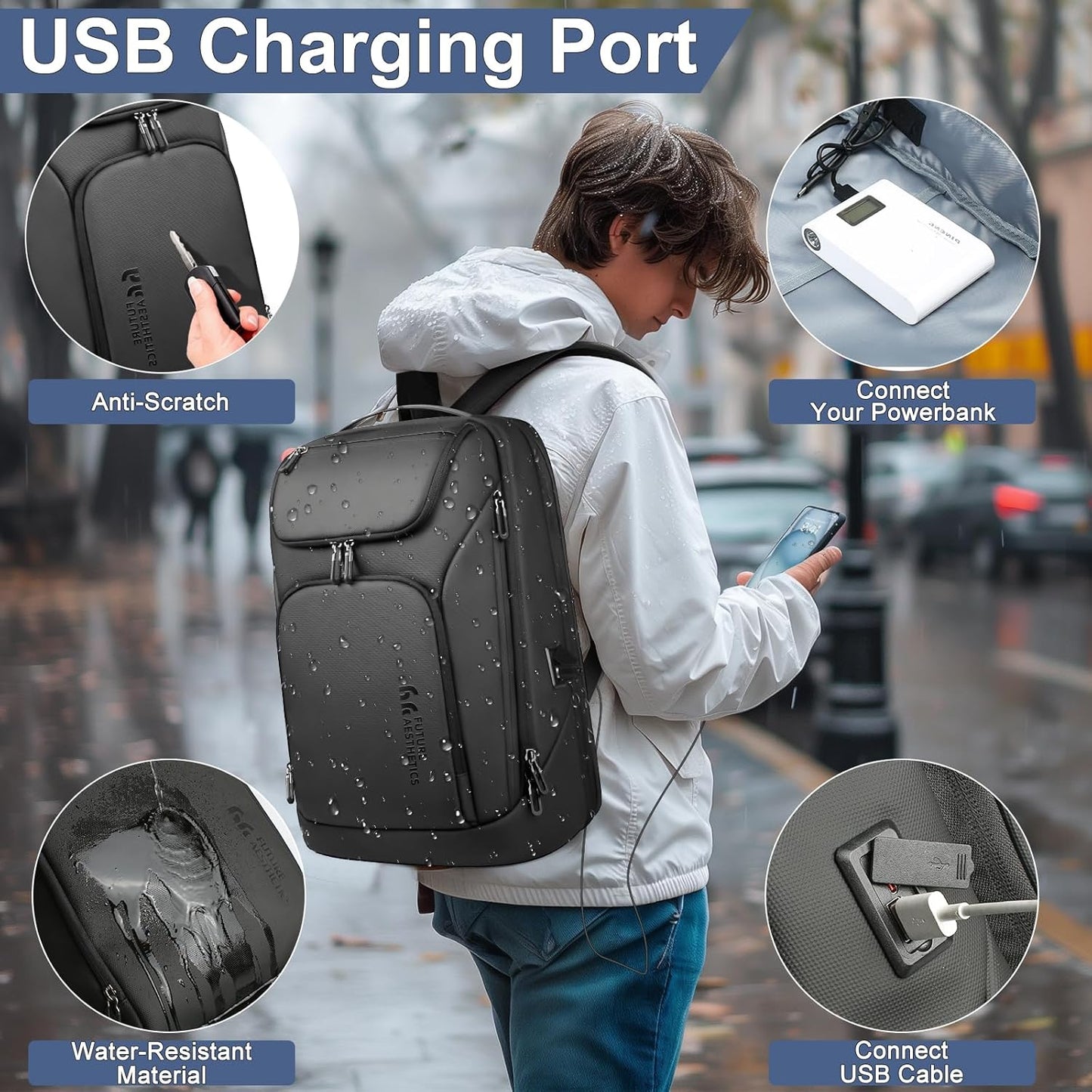 hk Business Smart Backpack for Men Anti-Theft for 17.3 Inch Laptop with USB Charging Port Water-Resistant Large Durable Compact 30L for Travel College Work-Black