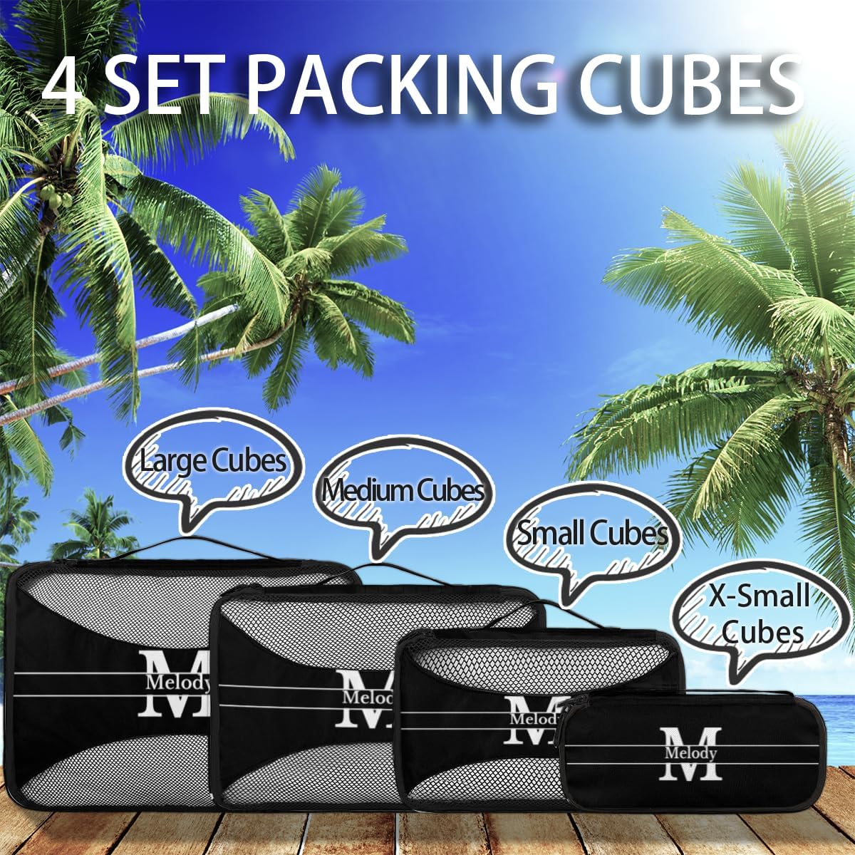 Personalized Packing Cubes, Set of 4 with Zipper Handles for Men Boys, Custom Name Travel Suitcases Luggage Packing Organizers, Solid Black with Initial Letter