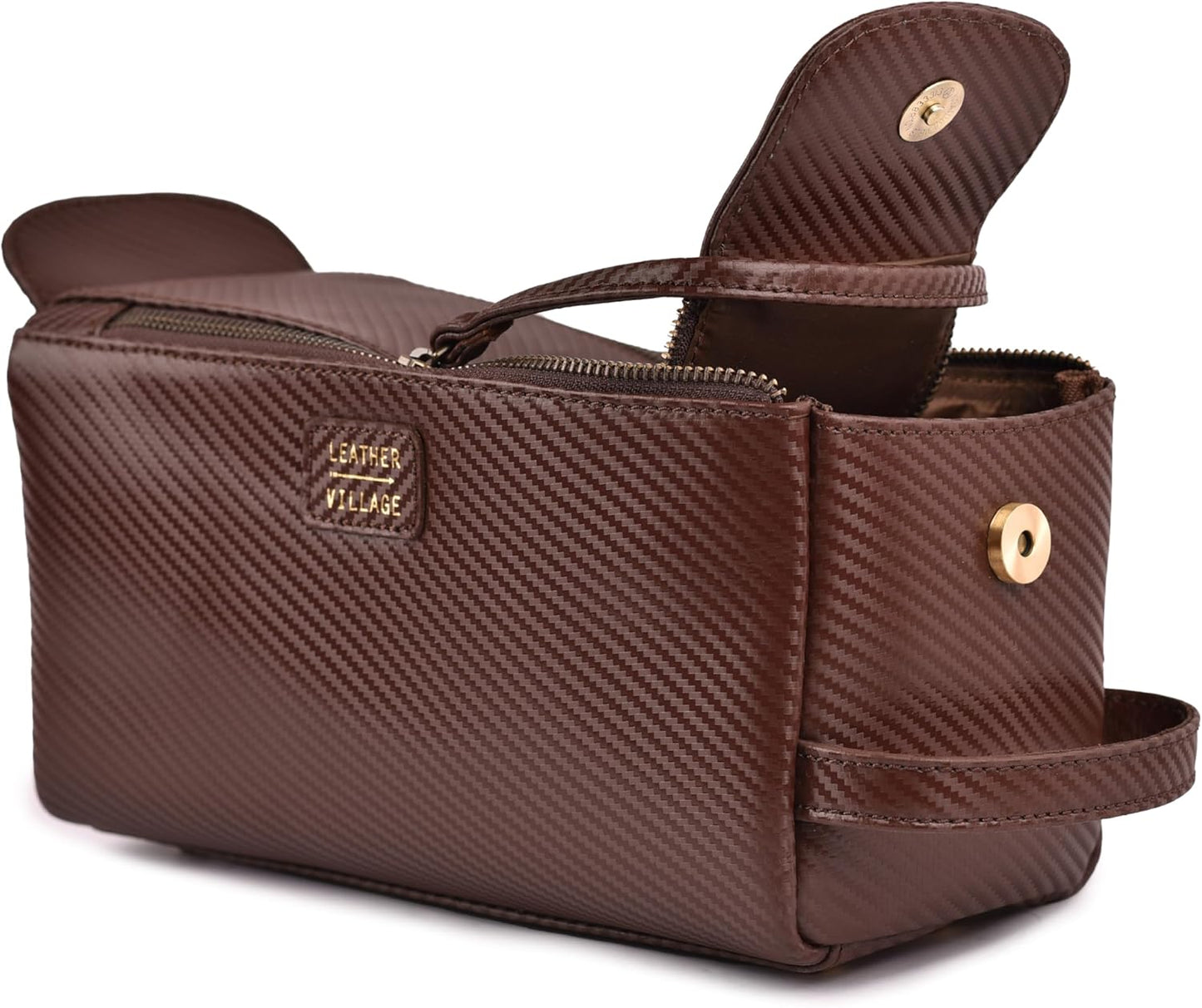 LEATHER VILLAGE Premium Carbon Fiber Genuine Leather Travel Toiletry Bag - Large Compact Dopp Kit