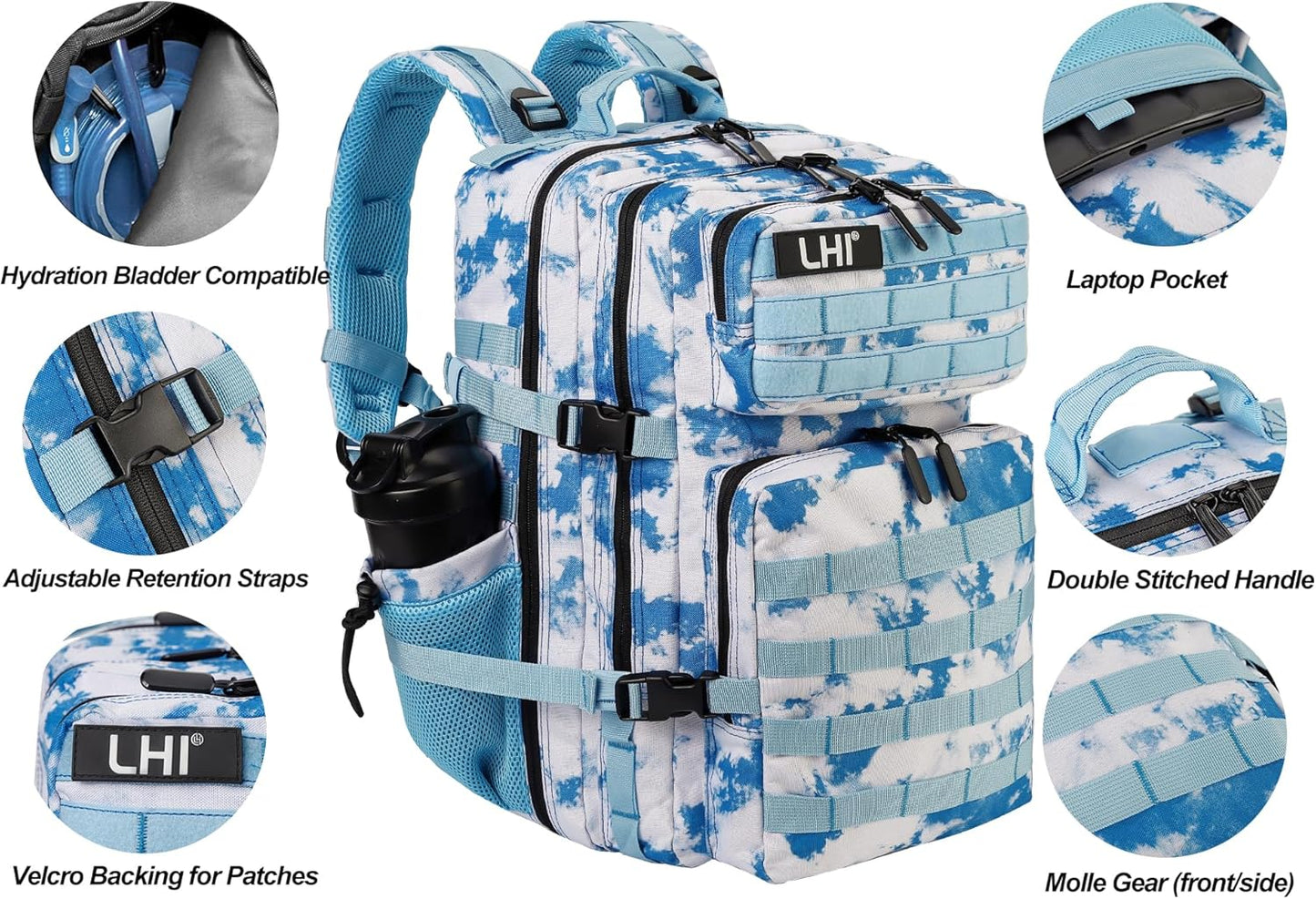 LHI Military Tactical Backpack for Men and Women 45L Army 3 Days Assault Pack Bag Large Rucksack with Molle System - Light blue tie-dye