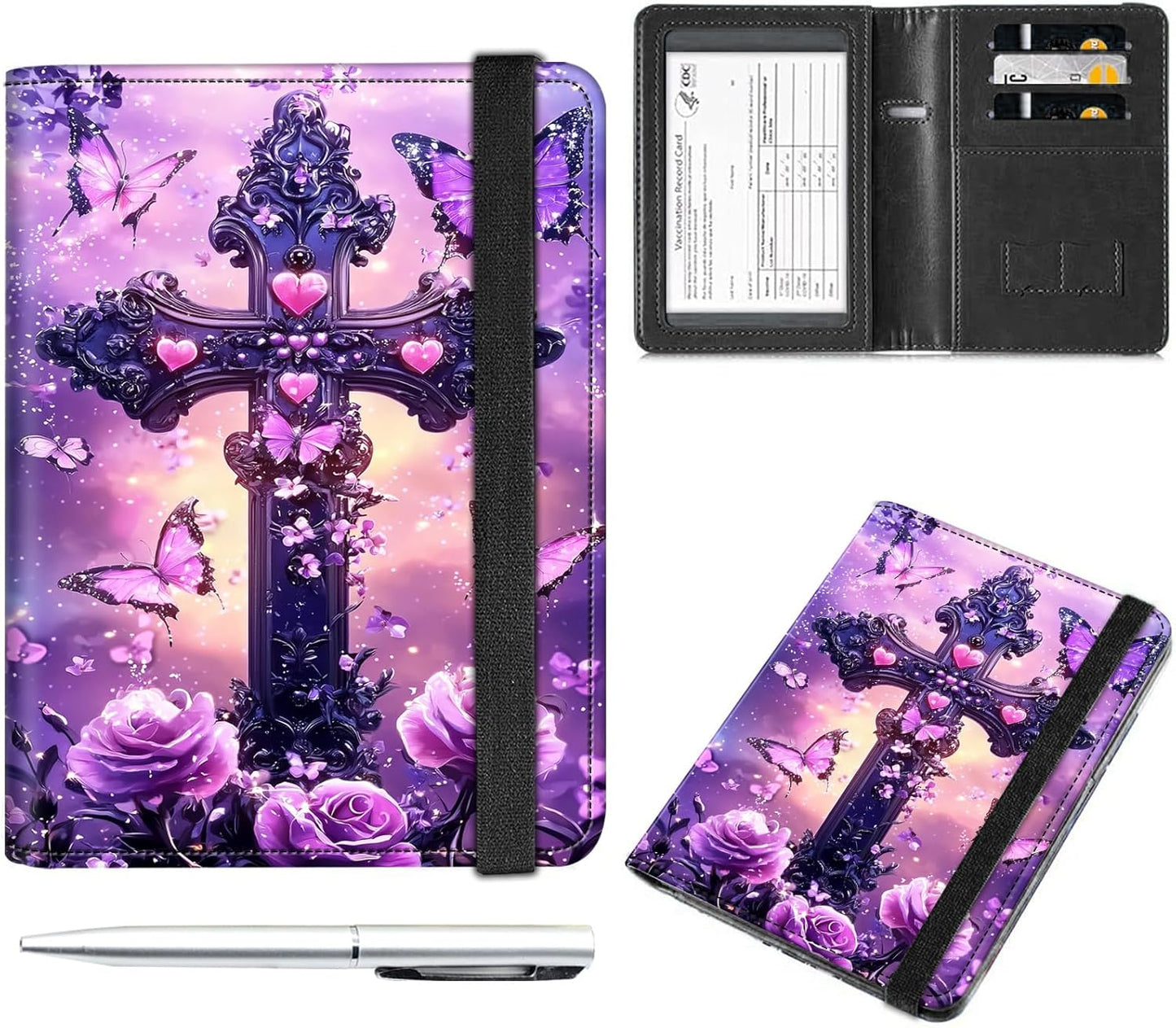Passport and Vaccine Card Holder Cover Combo,Travel Passport Holder Wallet with RFID Blocking, Leather Vaccine Card Slot Passport Cover Case for Women & Men,Purple Cross Butterfly Flower