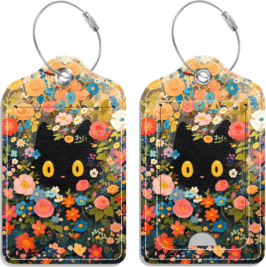 Luggage Tags for Suitcase, 2 Pack PU Leather Travel Cruise Luggage Tag with Privacy Flap, Name ID Label and Metal Loop for Women Men Girls Suitcase Baggage Bag Backpack, Kitten Flowers