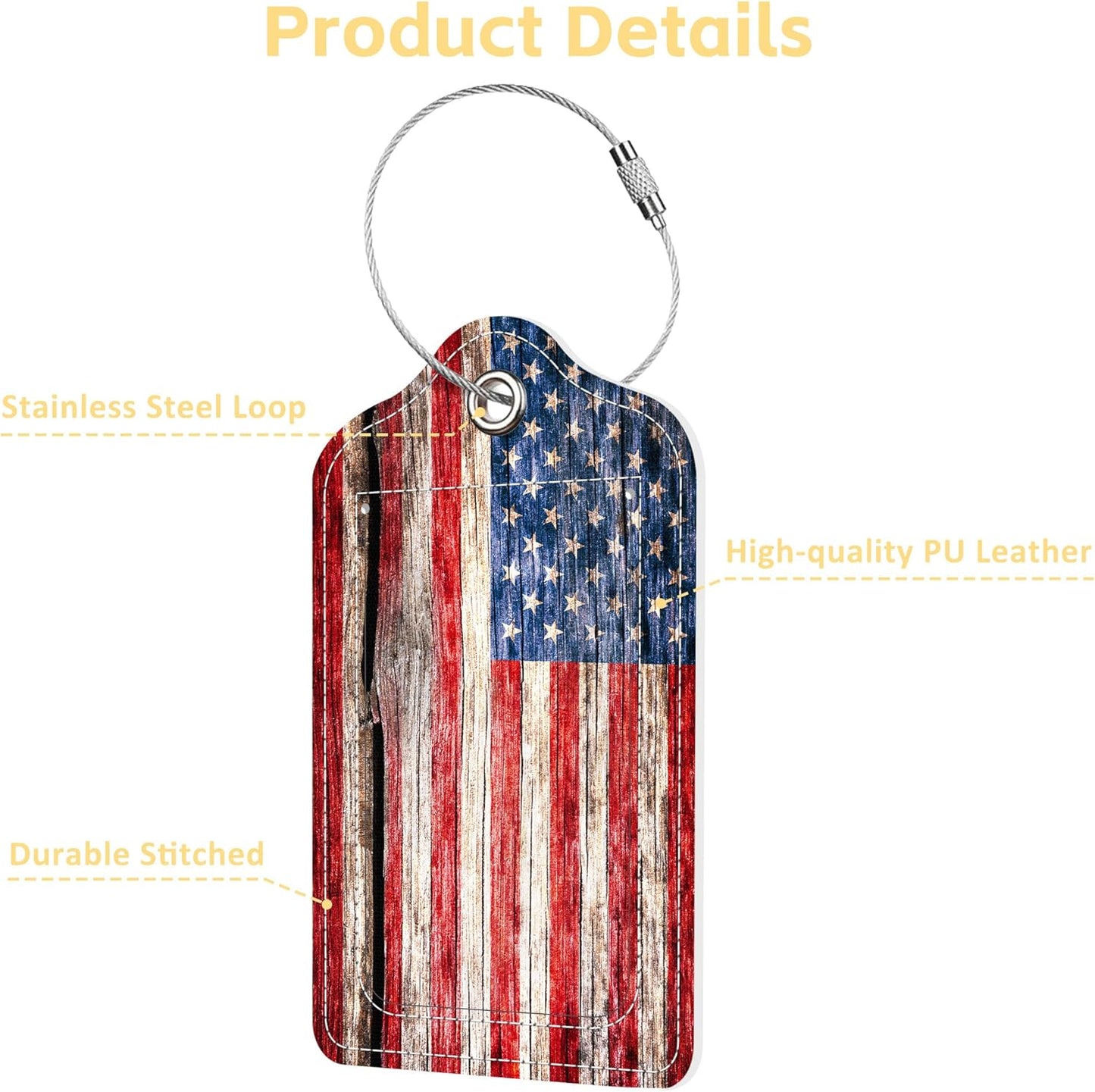 2 Pack Luggage Tags for Suitcase USA Flag on The Old Cracked Wood Leather Stainless Steel Loop Label Tags for Women Men Travel Bag Suitcase with Privacy Cover Name ID Card