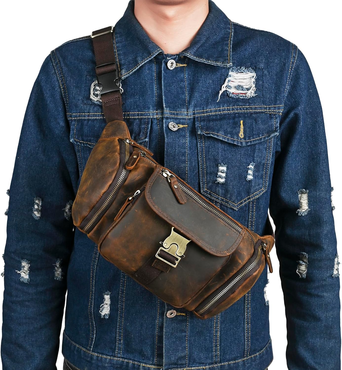 Thick Crazy Horse Leather Hiking Riding Travel Outdoor Belt Bag Fanny Waist Pack Small Phone Pouch For Men Women 380 (388 Brown)