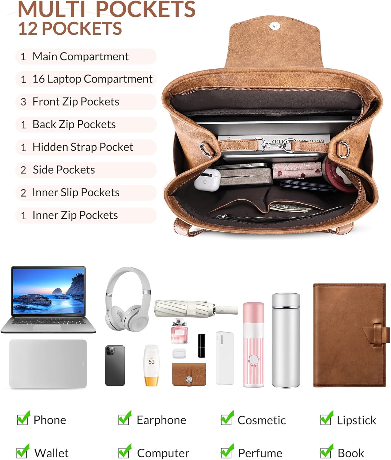 Laptop Bag for Women Designer Leather Laptop Backpack Purse, 16 inch Computer Tote Bags for Work Travel with Satchel Purse Brown
