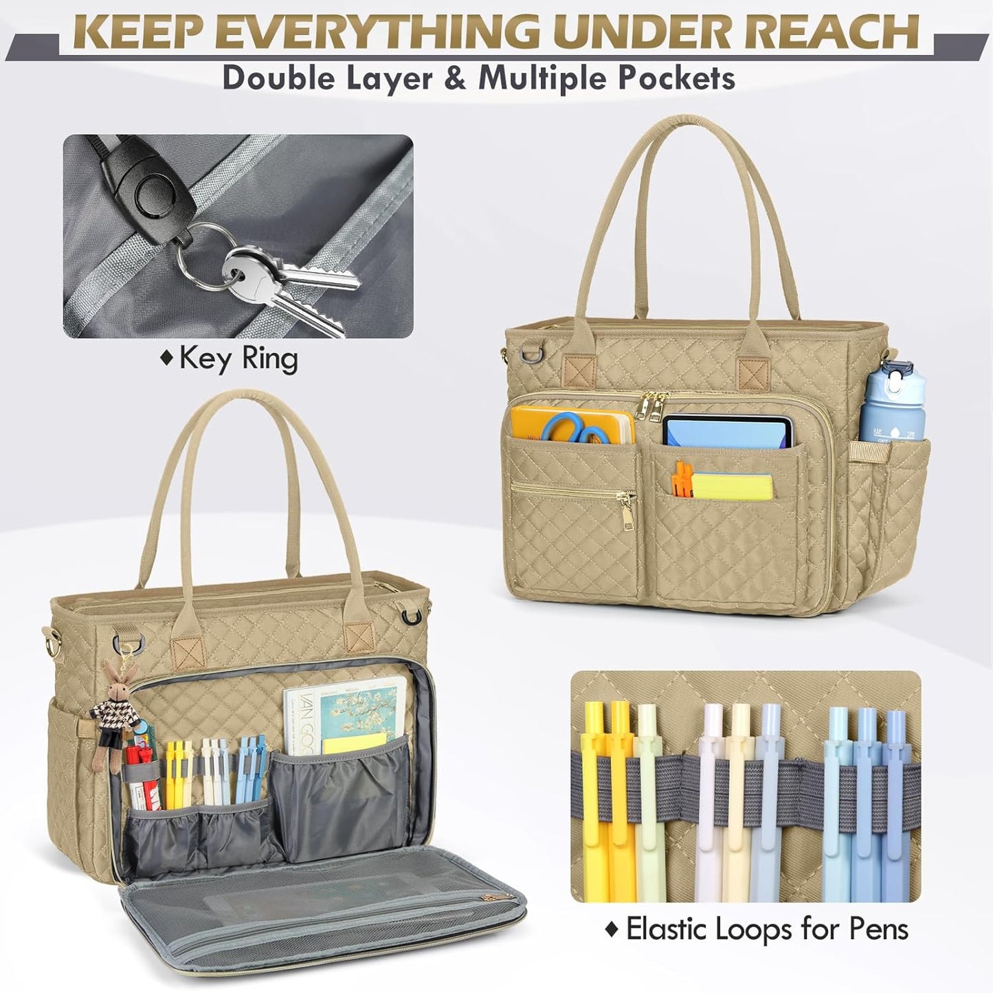 RAINSMORE Teacher Tote Bag 15.6 inch Laptop Bag for Women Work Bags Laptop Tote Nurse Bag Professional Computer Messenger with Insulated Pocket, Laptop Briefcase for Office, College, Nursing, Khkai