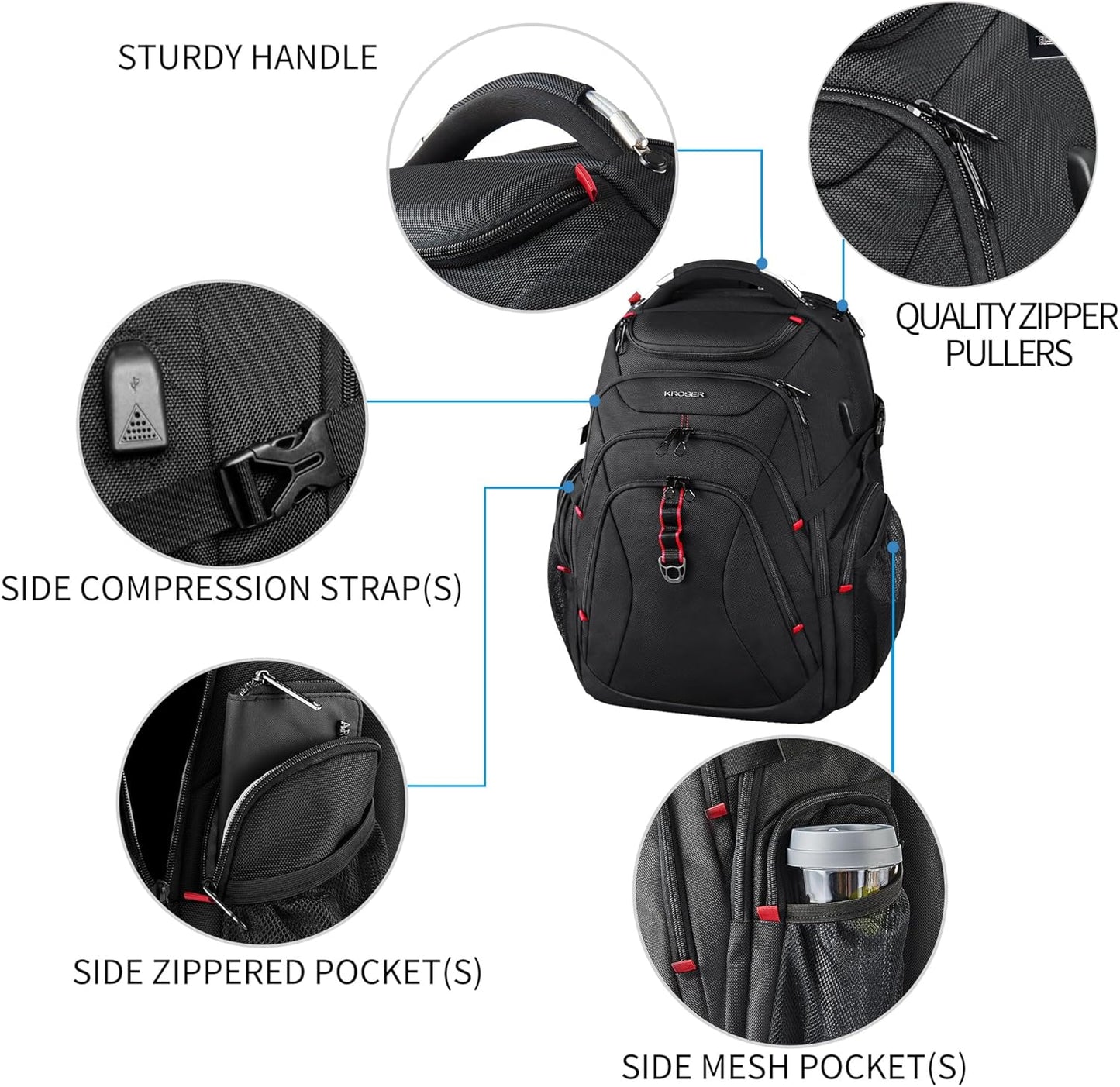 KROSER Travel Laptop Backpack 17.3 Inch XL Computer Backpack with Hard Shell Saferoom RFID Pockets Water-Repellent Business College Daypack Stylish Bag for Men/Women-Black