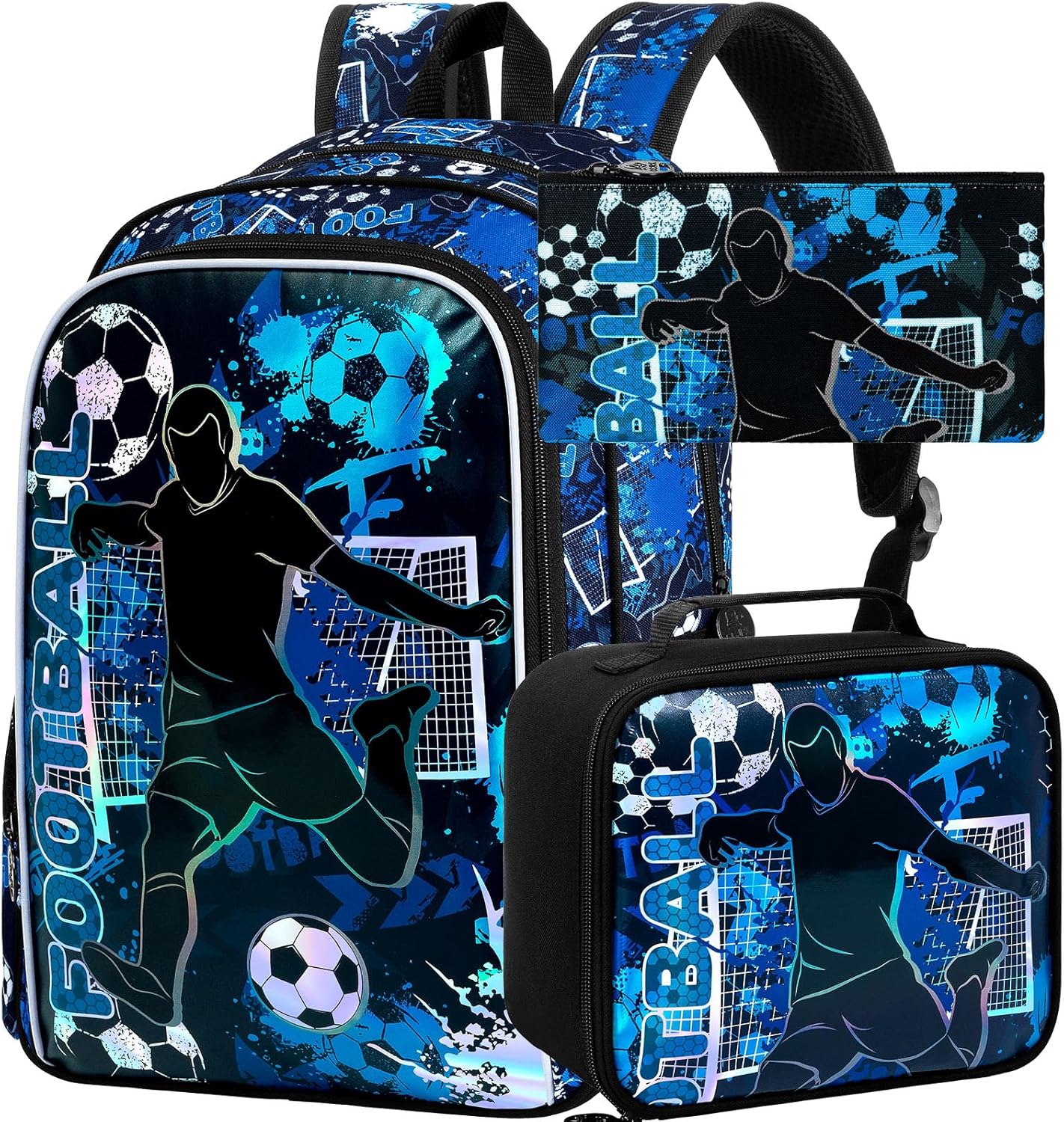 AGSDON 3PCS Kids Backpack for Boys, 17" Football Backpacks with Lunch Box, Water Resistant and Lightweight Bookbag for Teenagers